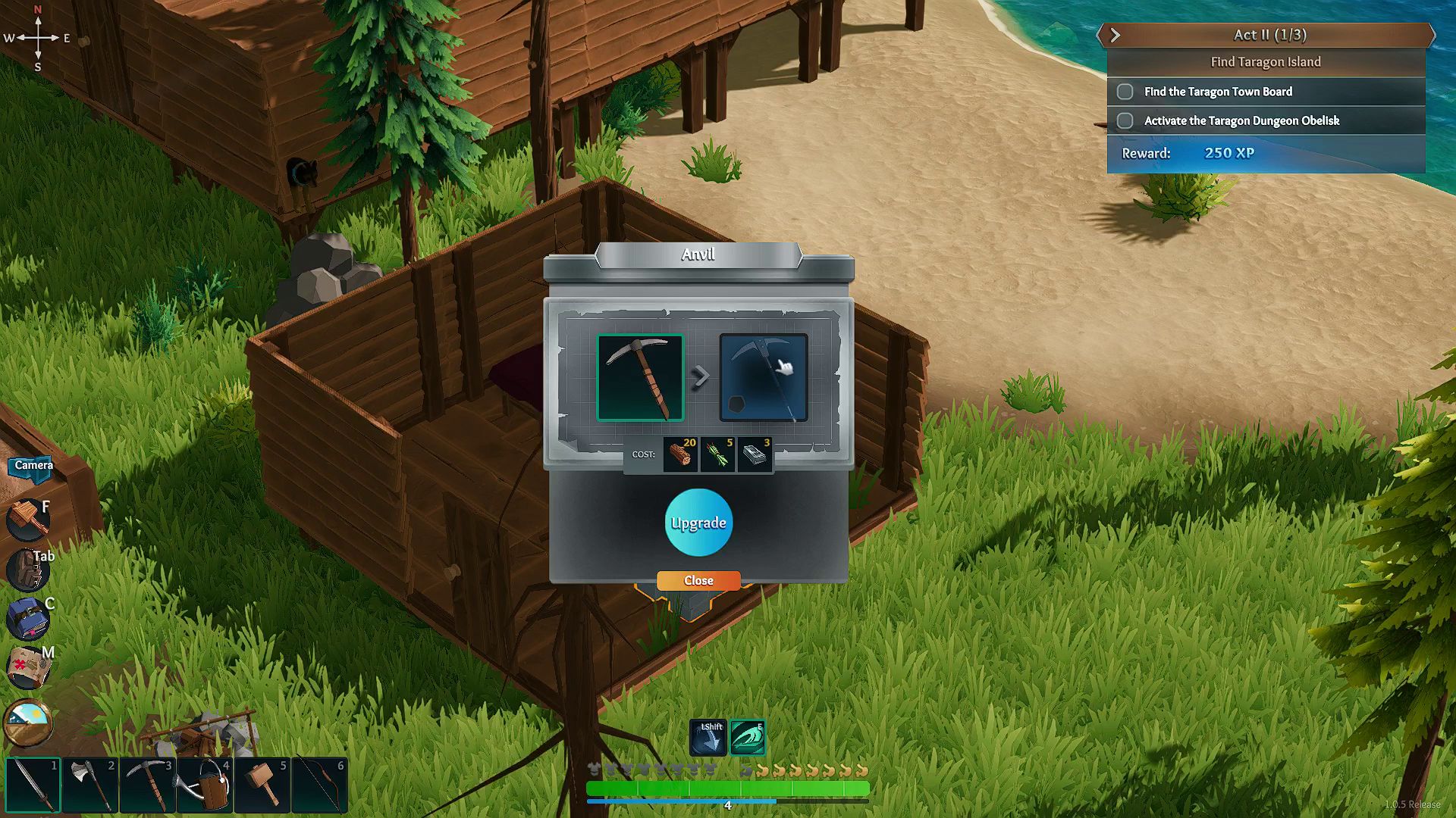 Len's Island Pickaxe The player is about to upgrade their pickaxe at an anvil in Len's Island.