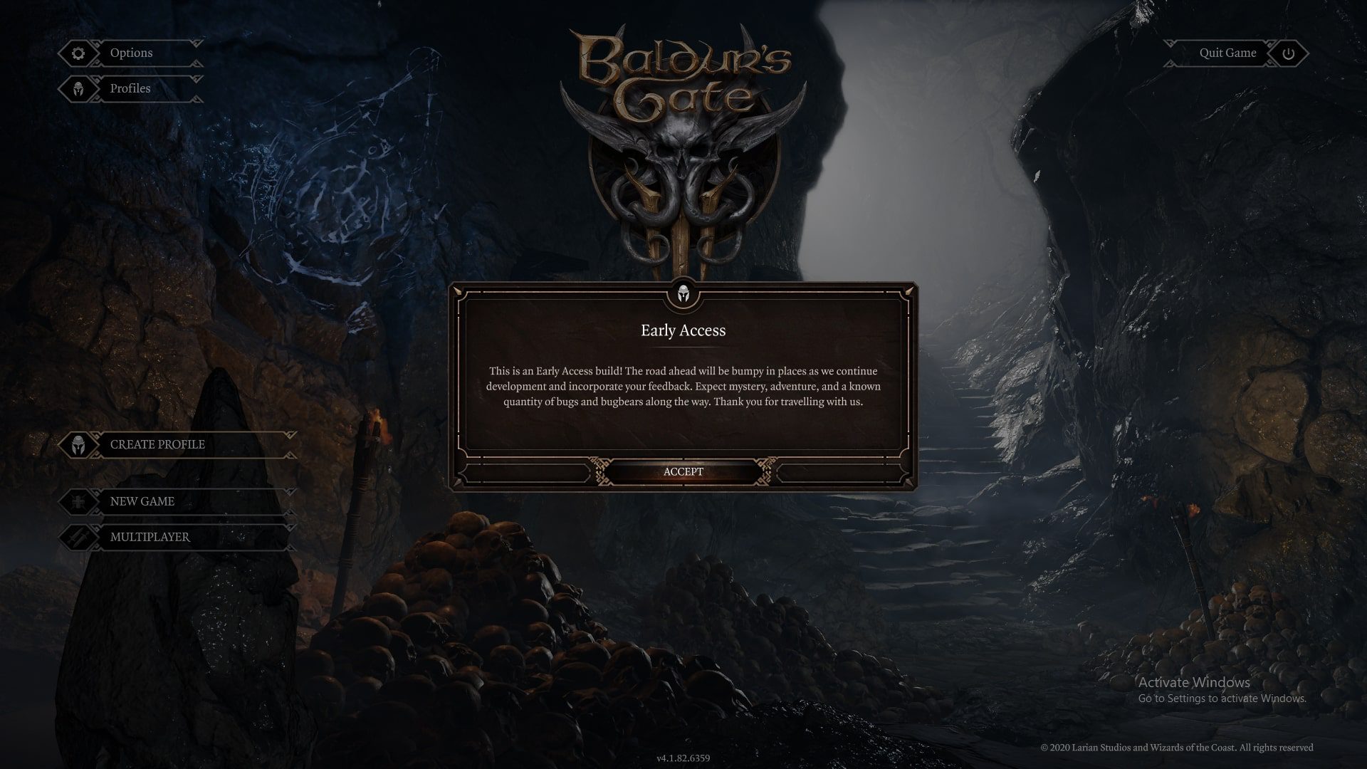 Baldurs Gate 3 Early Access Notification, gathered from an article written by Jim Salter for arstechnica.com: https://cdn.arstechnica.net/wp-content/uploads/2020/10/Screenshot-70-768x432.png