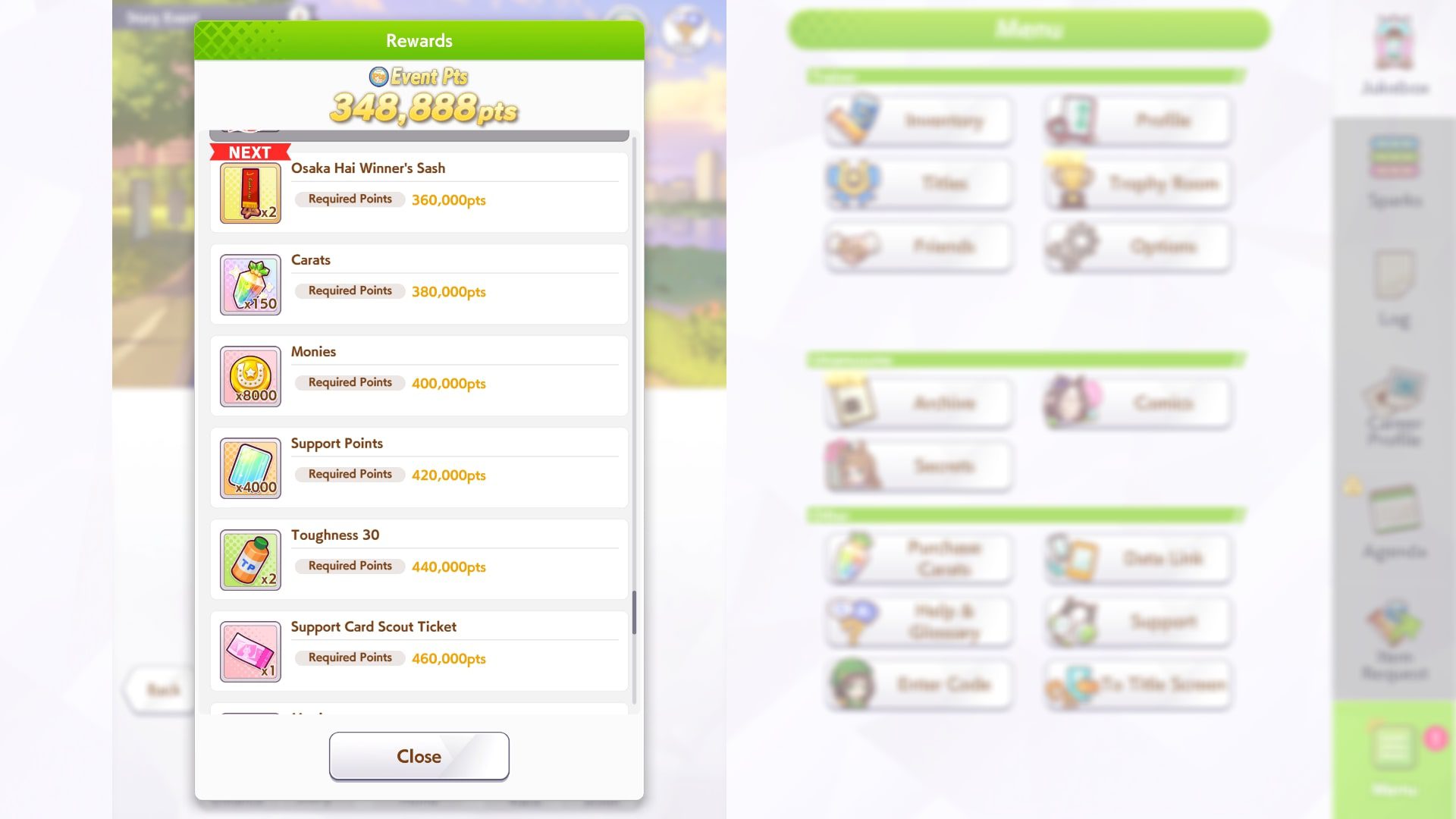 Event rewards are shown in Umamusume Pretty Derby.