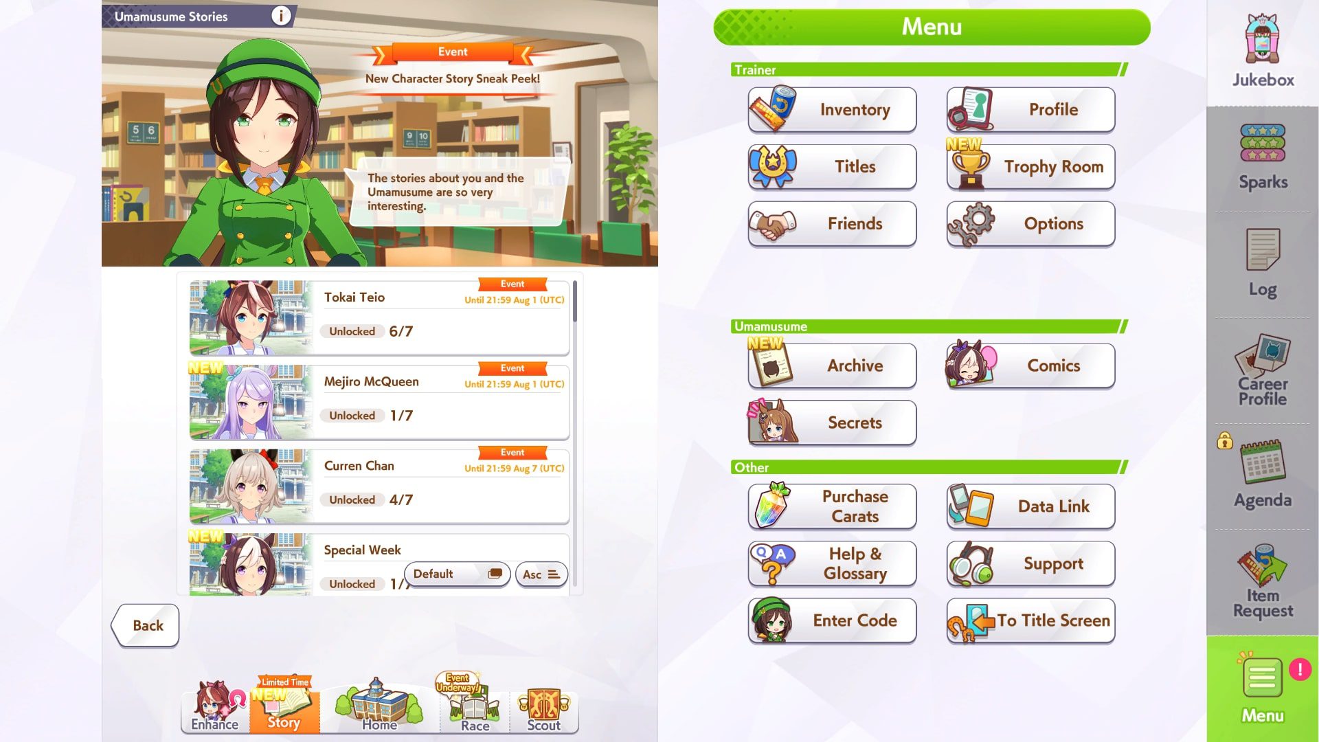 Story Missions are shown in Umamusume Pretty Derby.