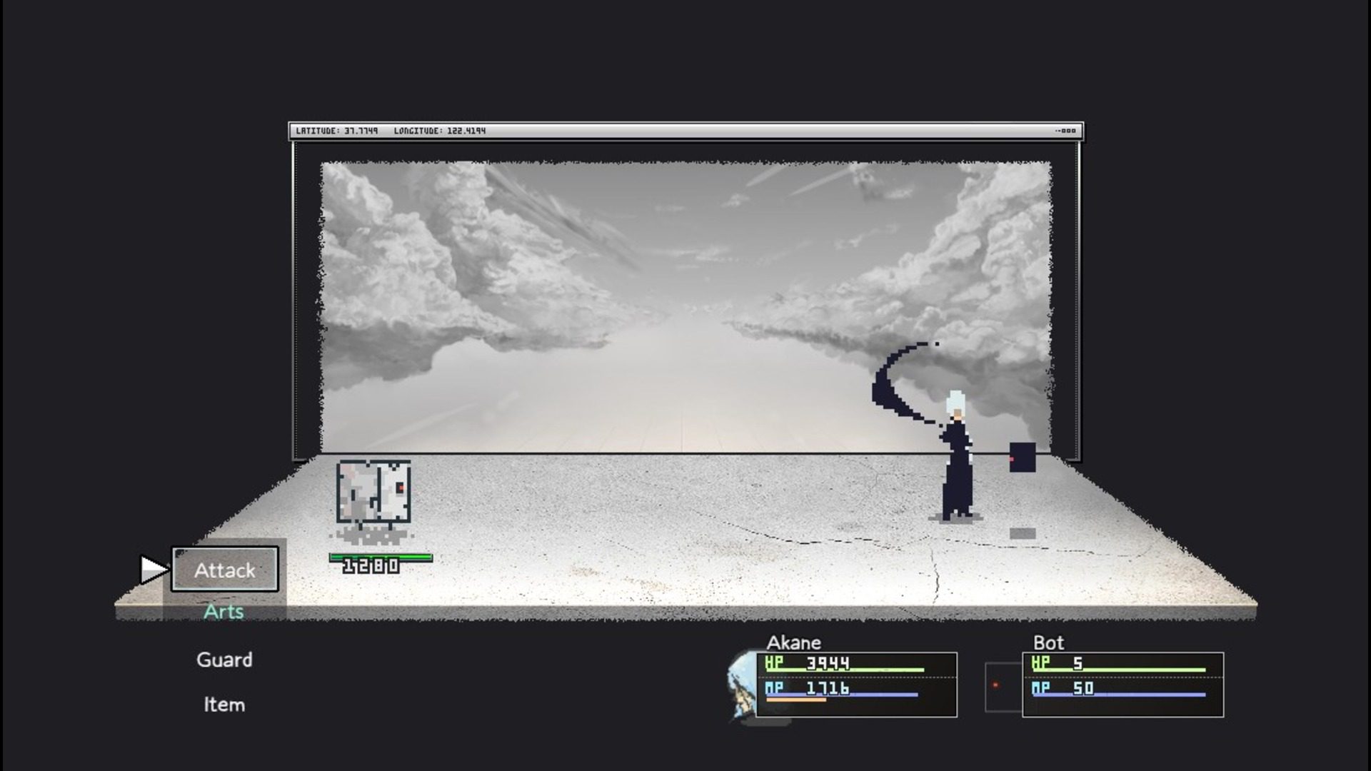 A combat screen against a small enemy cube