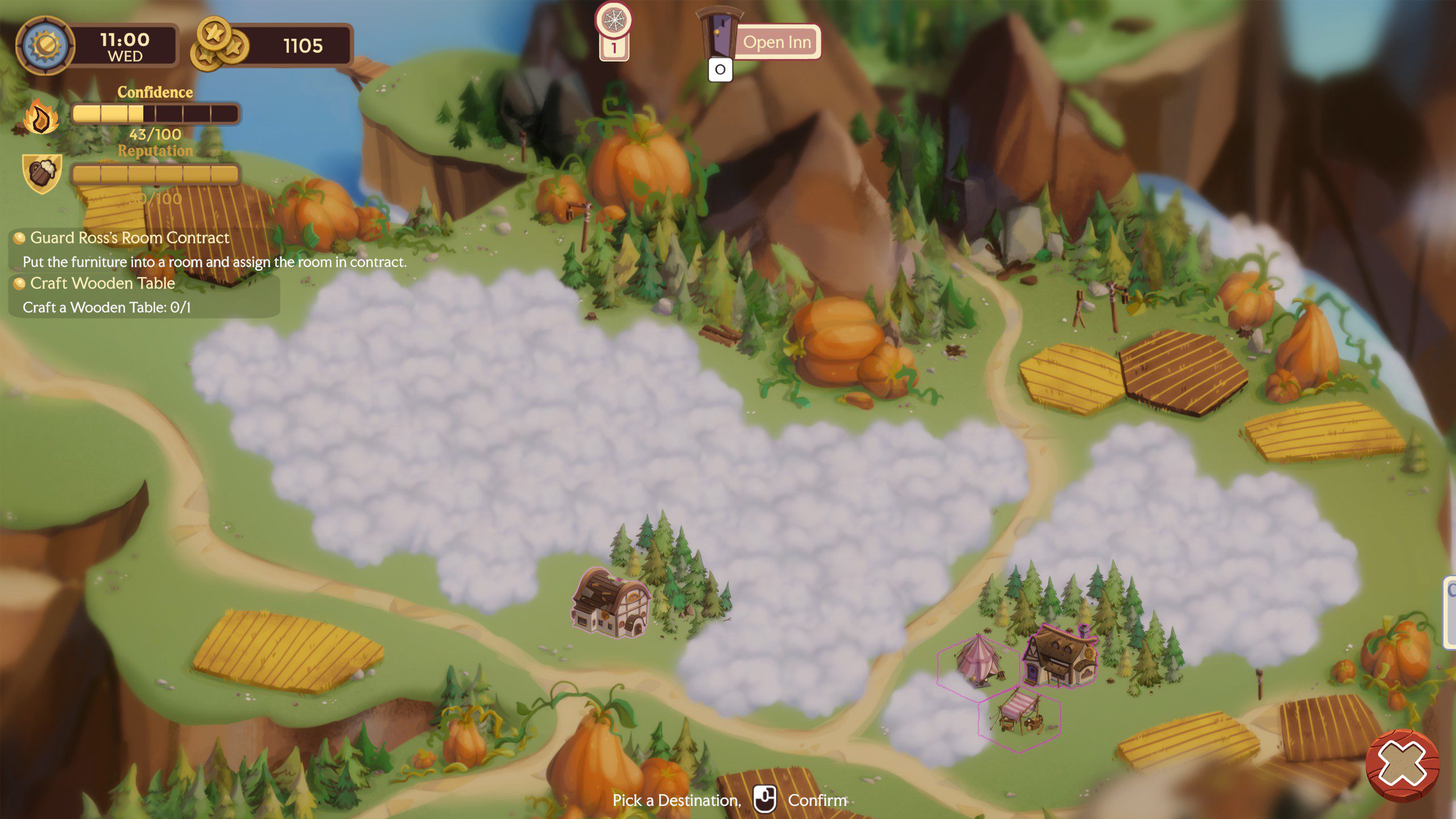 Magic Inn's world map, showing the inn and the market, but most of the map is covered in clouds.