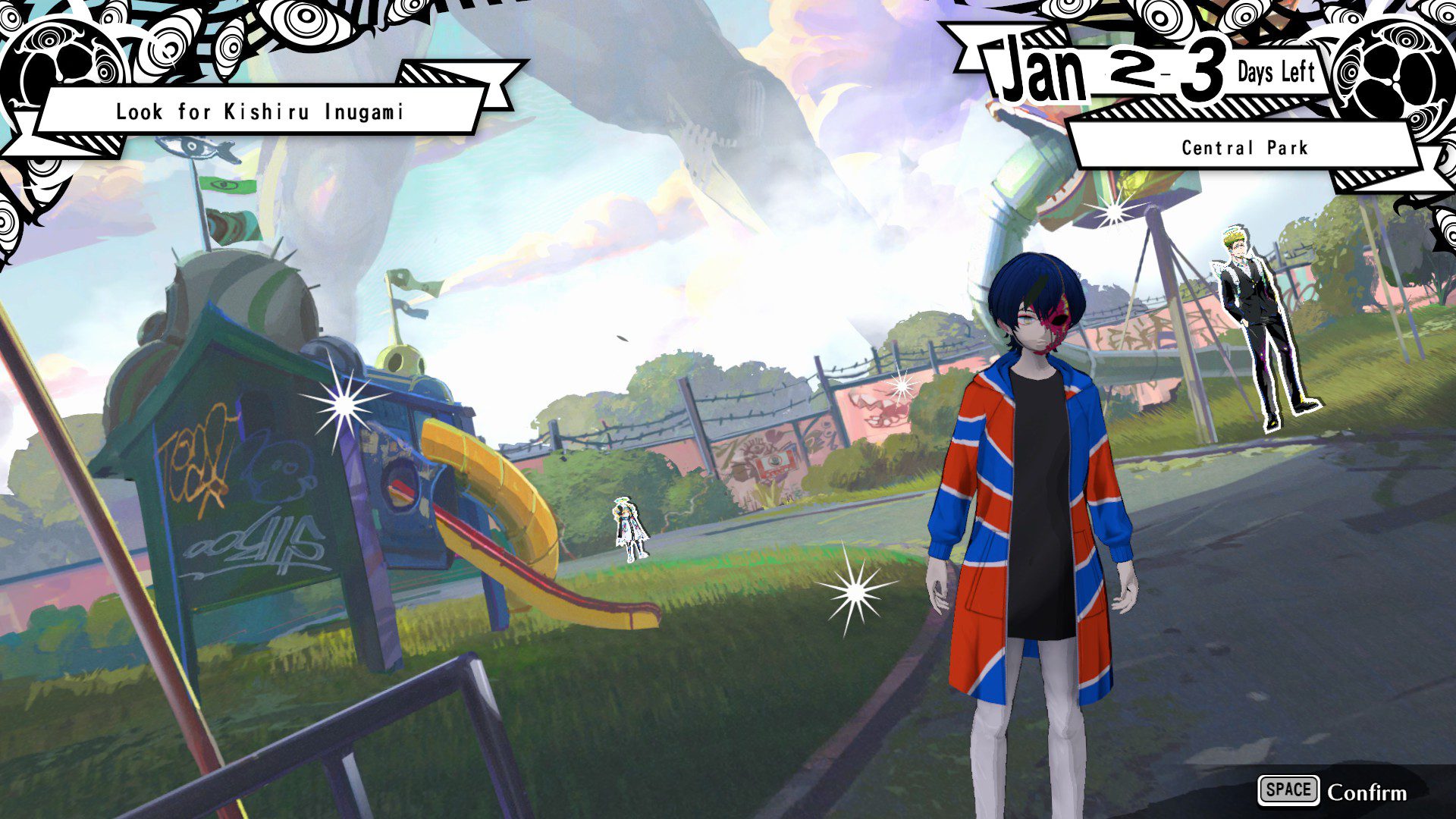 A tilted angle showcasing Rei walking around a park, with other characters in the back
