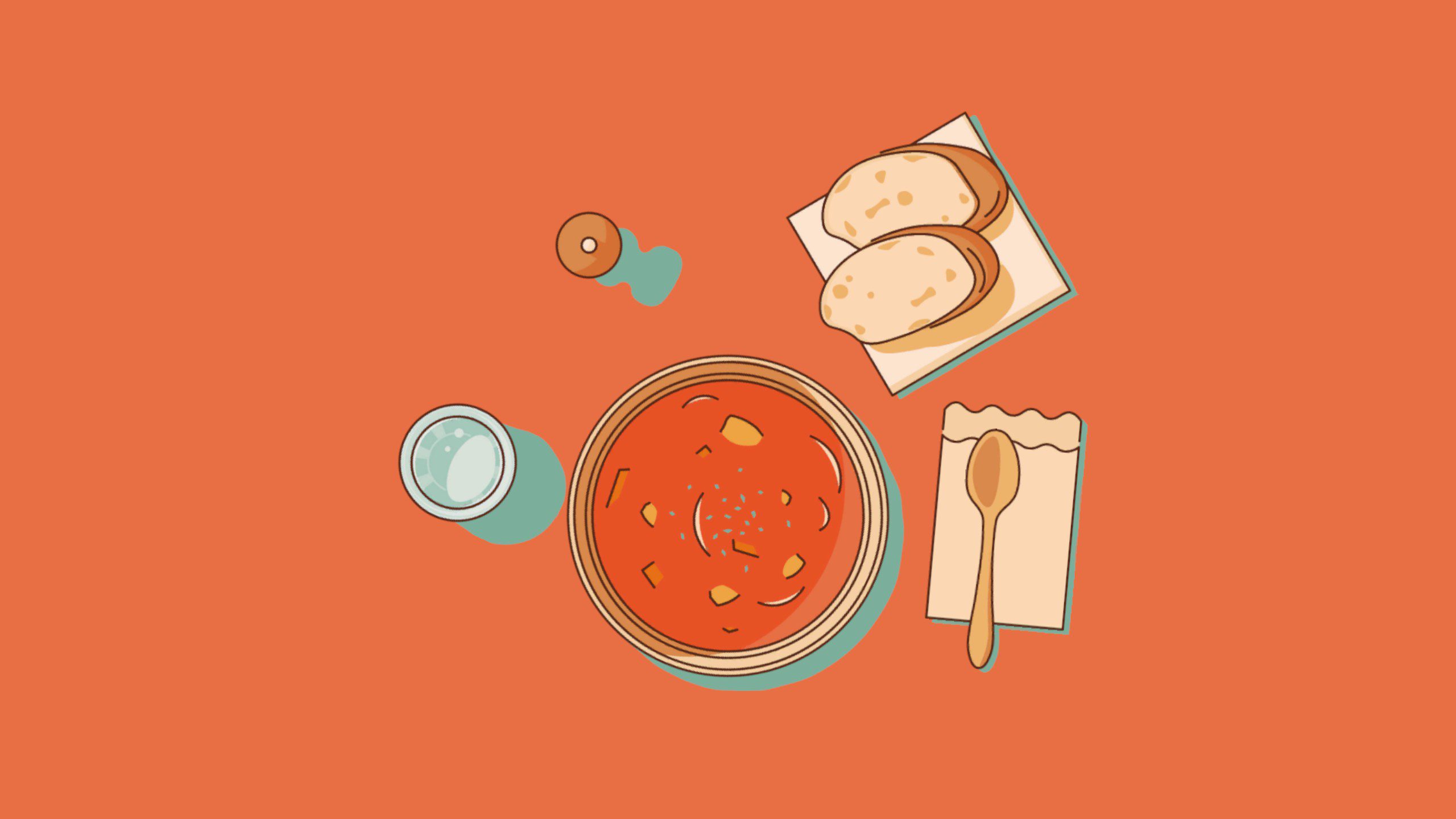 and Roger screenshot showing a prepared soup and cutlery from above.