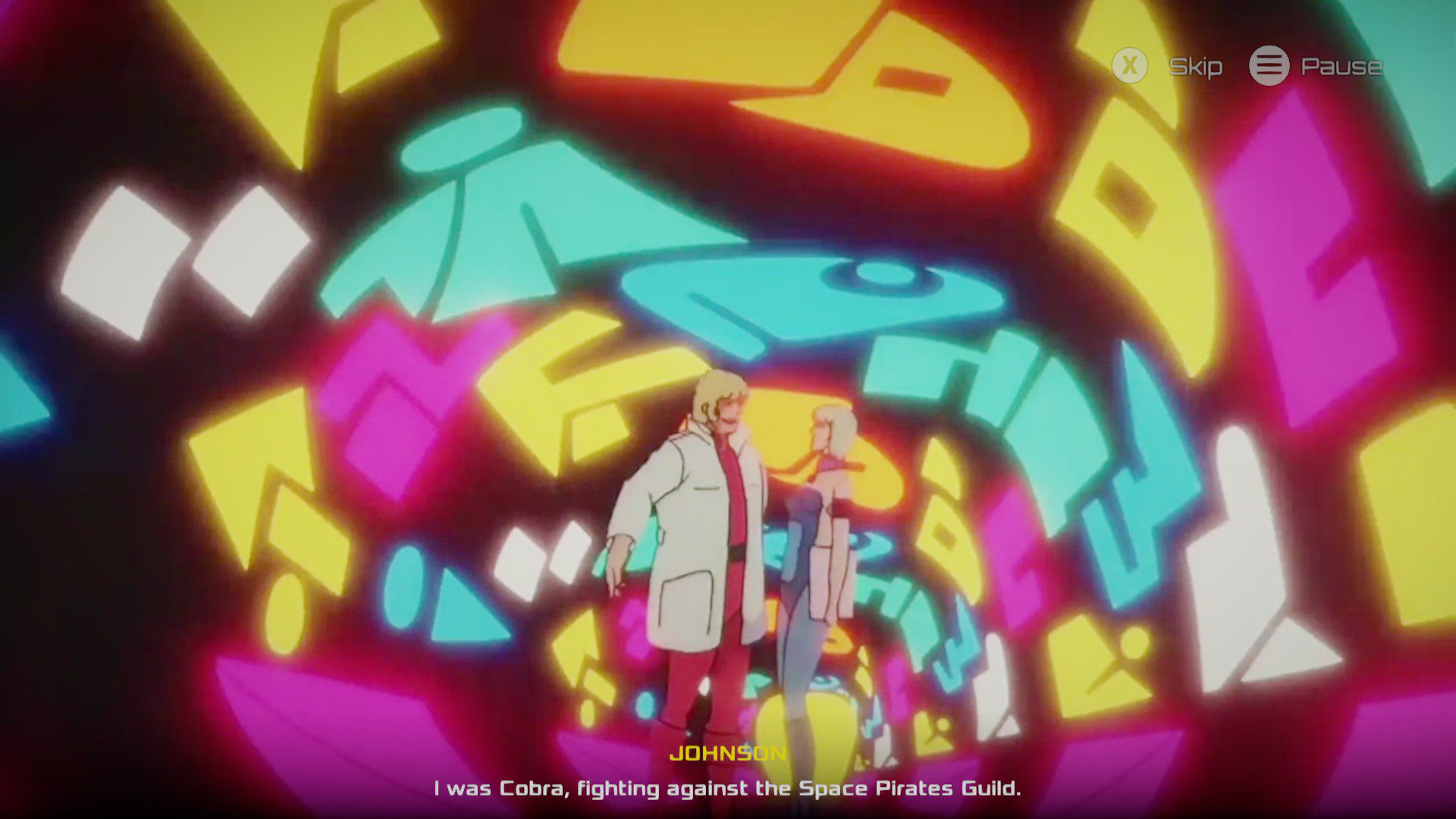 A colorful screenshot from a clip of the Cobra anime, Cobra saying he dreamt of being Cobra after erasing his memories