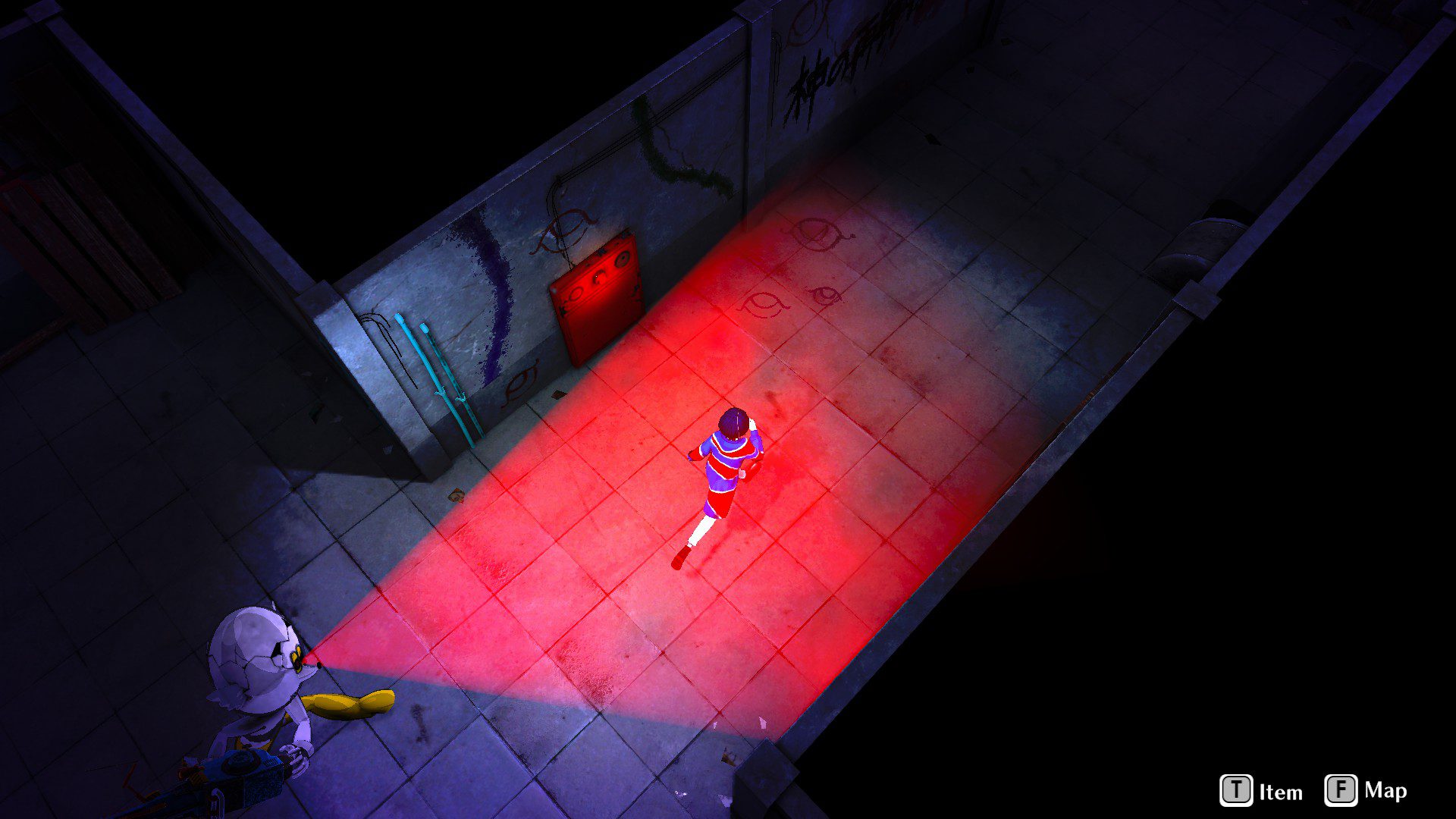A chase section where Rei is running away from the red light of a monster chasing her