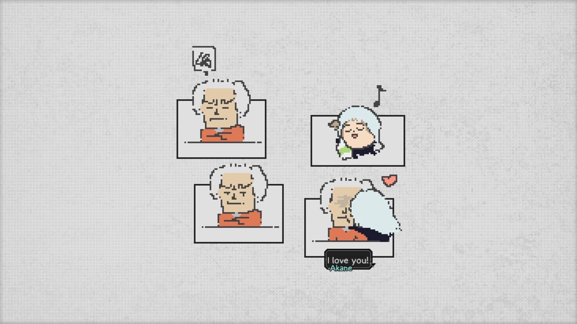A set of comic book panels with chibi Akane and an old man. She loves the gift she received and then hugs him.