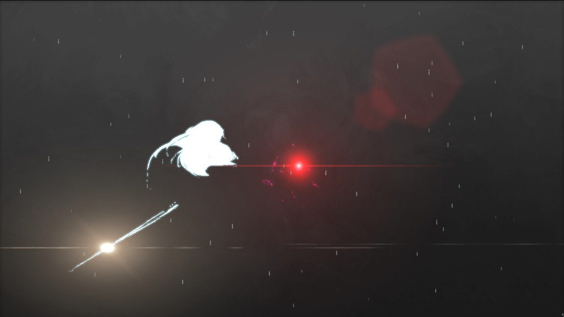 Black background, Akane's white hair, her flashing sword and the enemy's flashing red eye visible with lense flares.