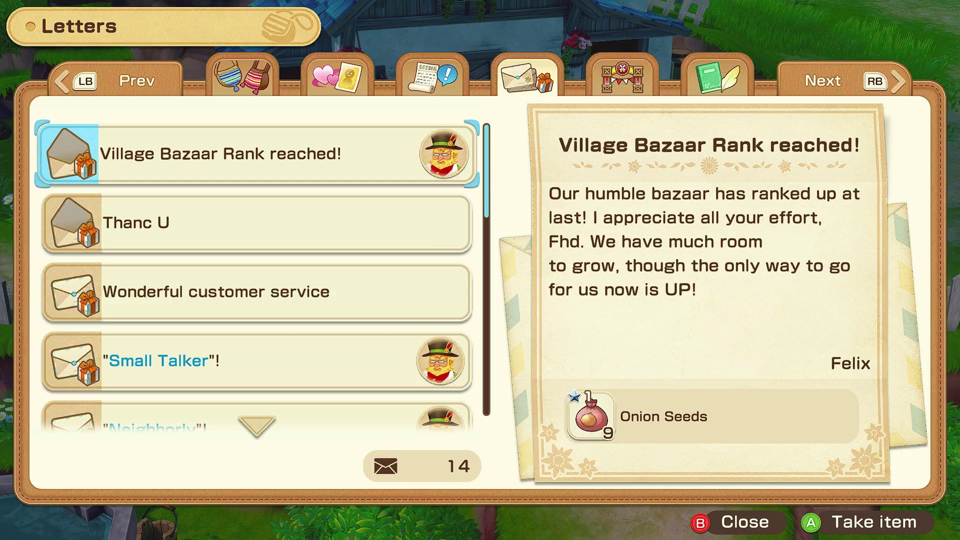 The Mayor has sent 9 onion seeds inside a mail as a reward for ranking up the bazaar.