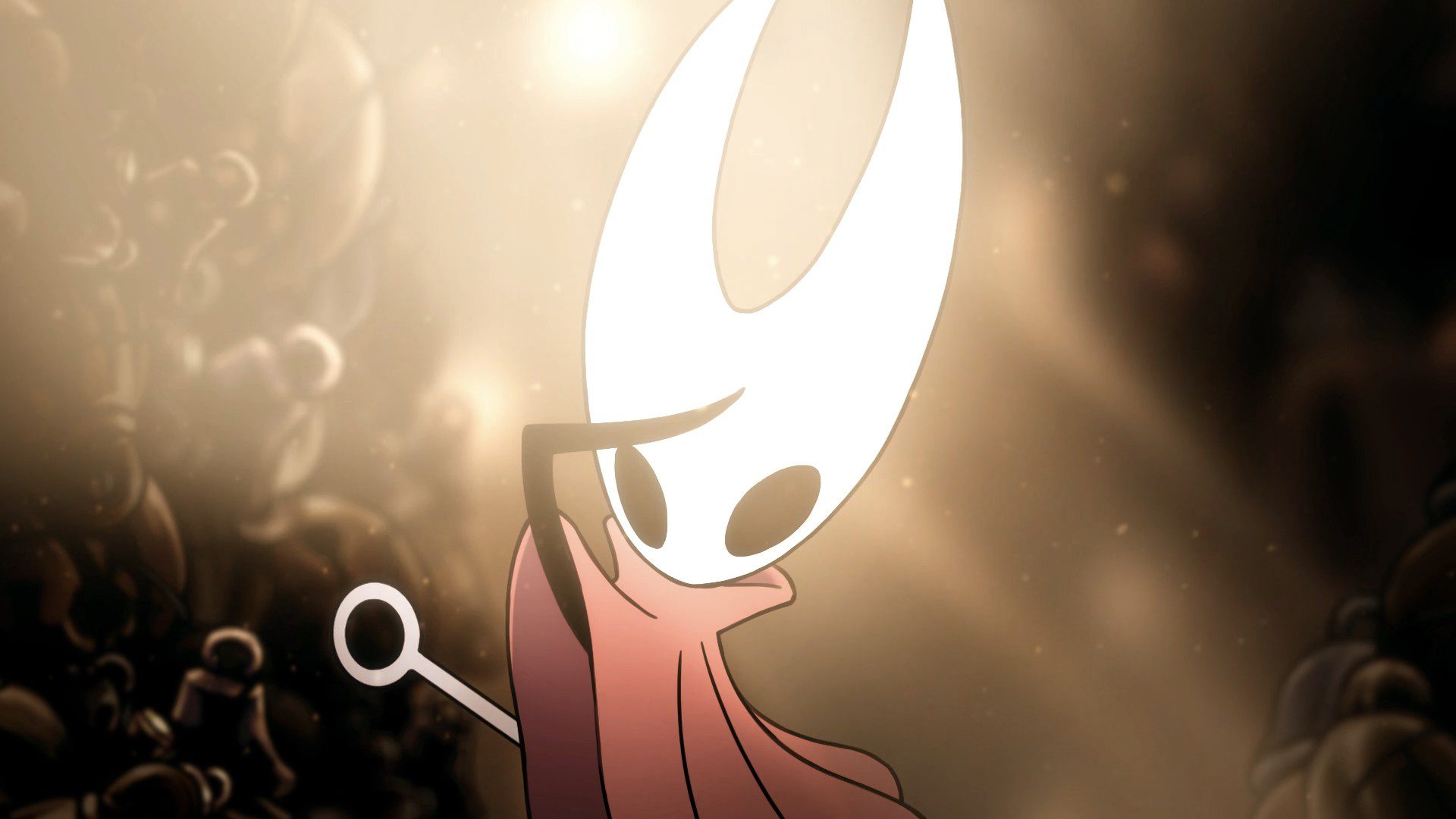 Hornet in a cutscene protecting herself from some light