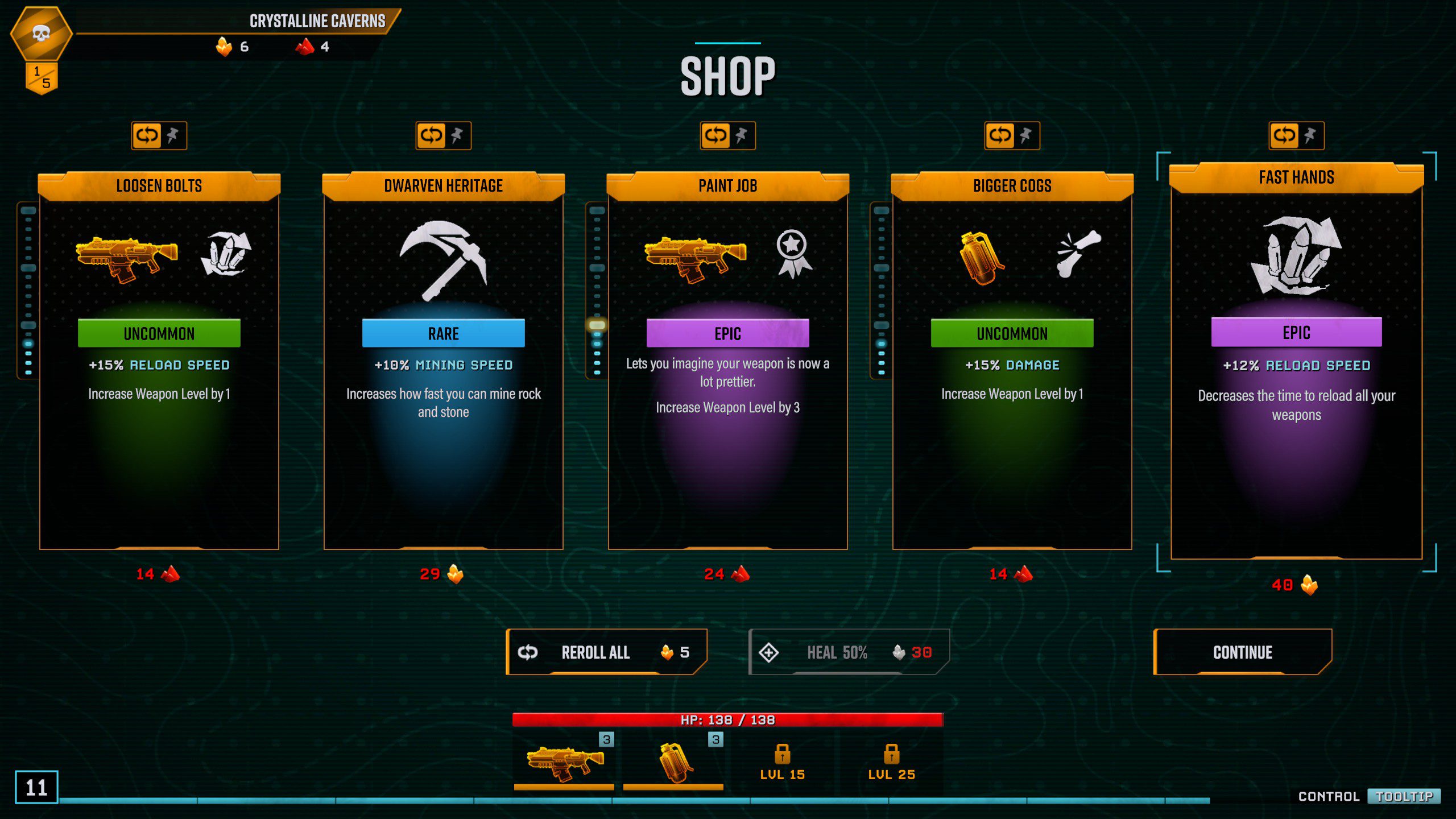 Deep Rock Galactic: Survivor shop screen between stages.