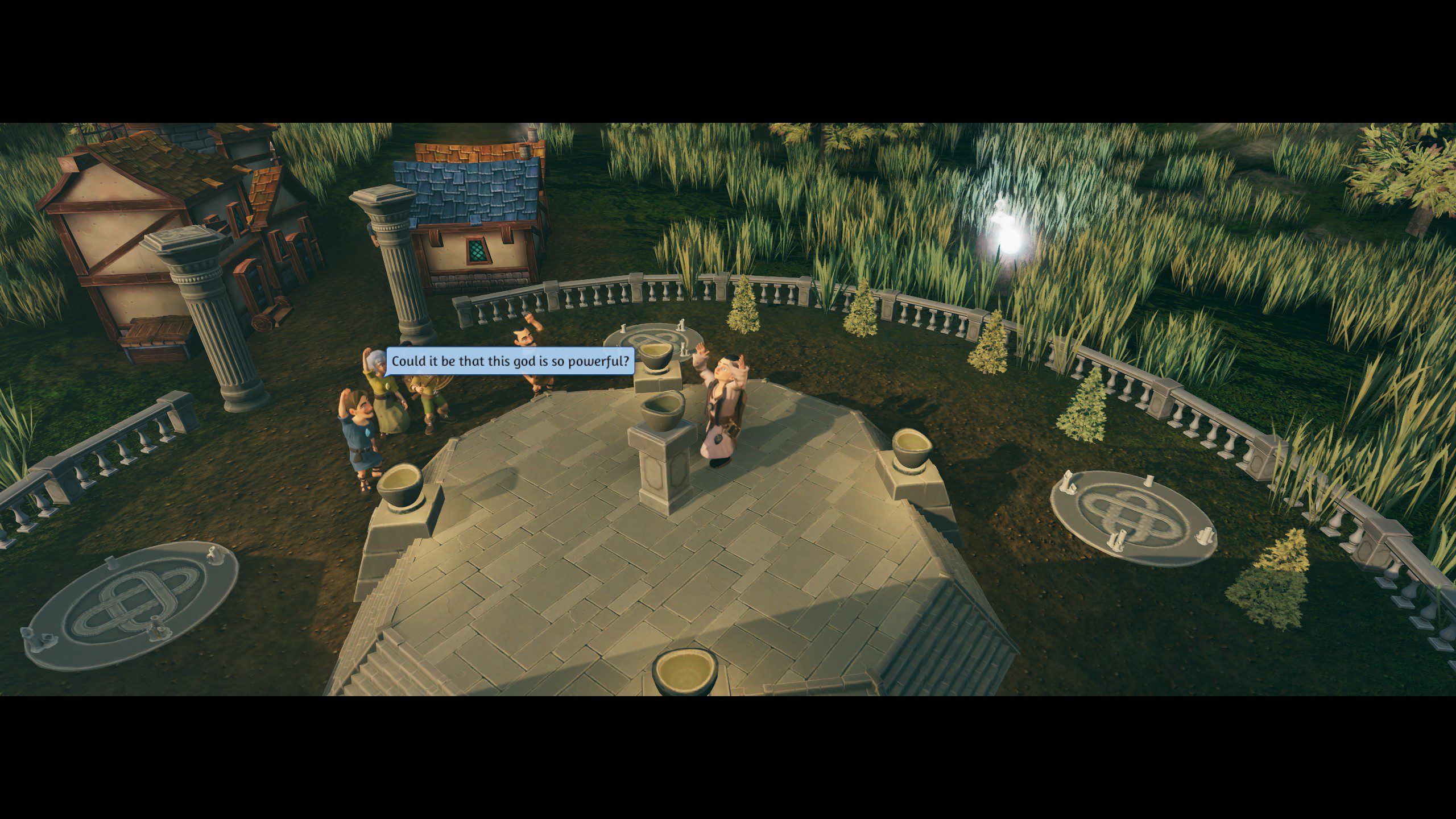 A screenshot from Fata Deum showing a stone altar and worshippers praying