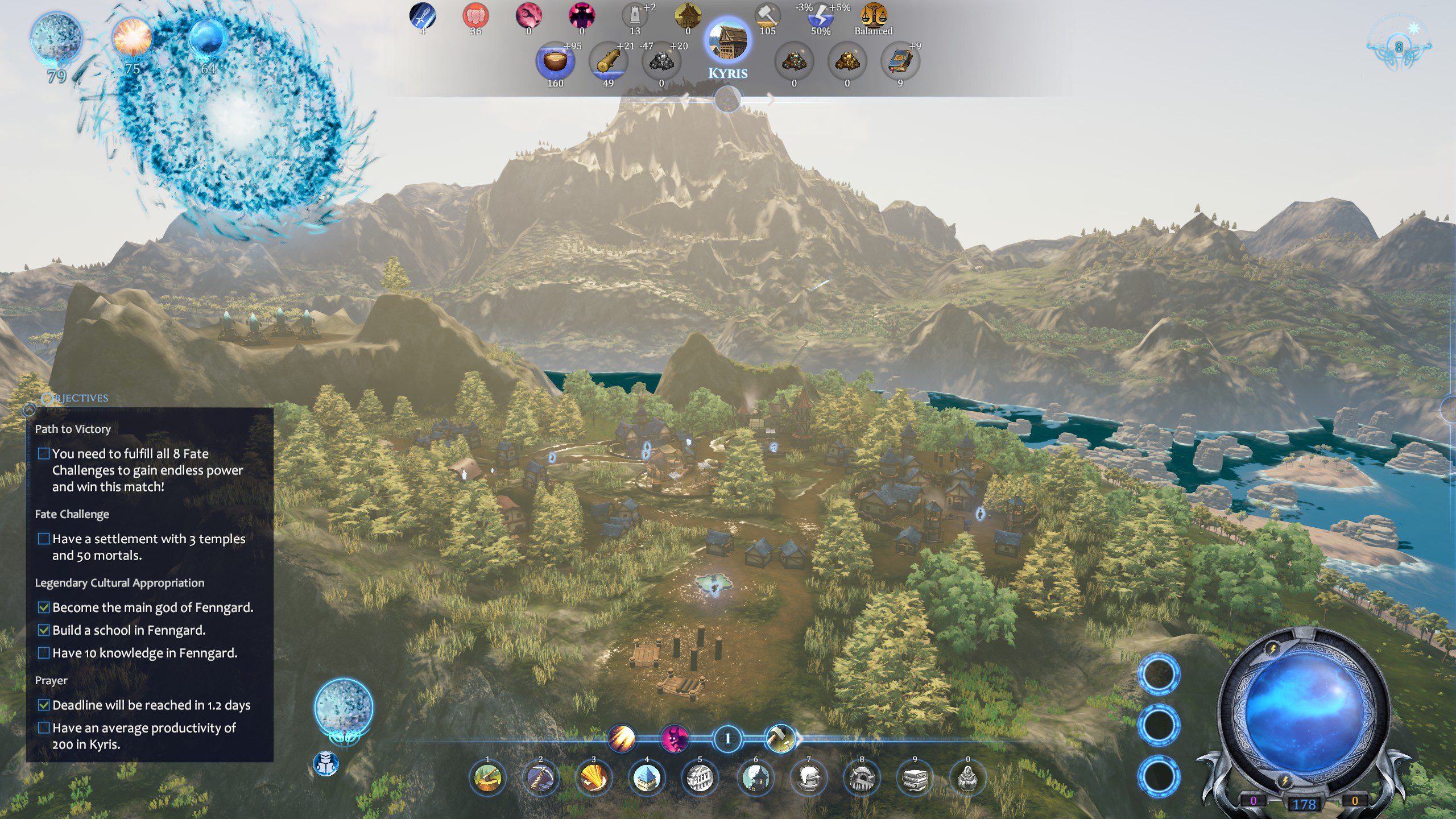 Fata Deum screenshot showing a small town in with green landscapes and mountains in the background.