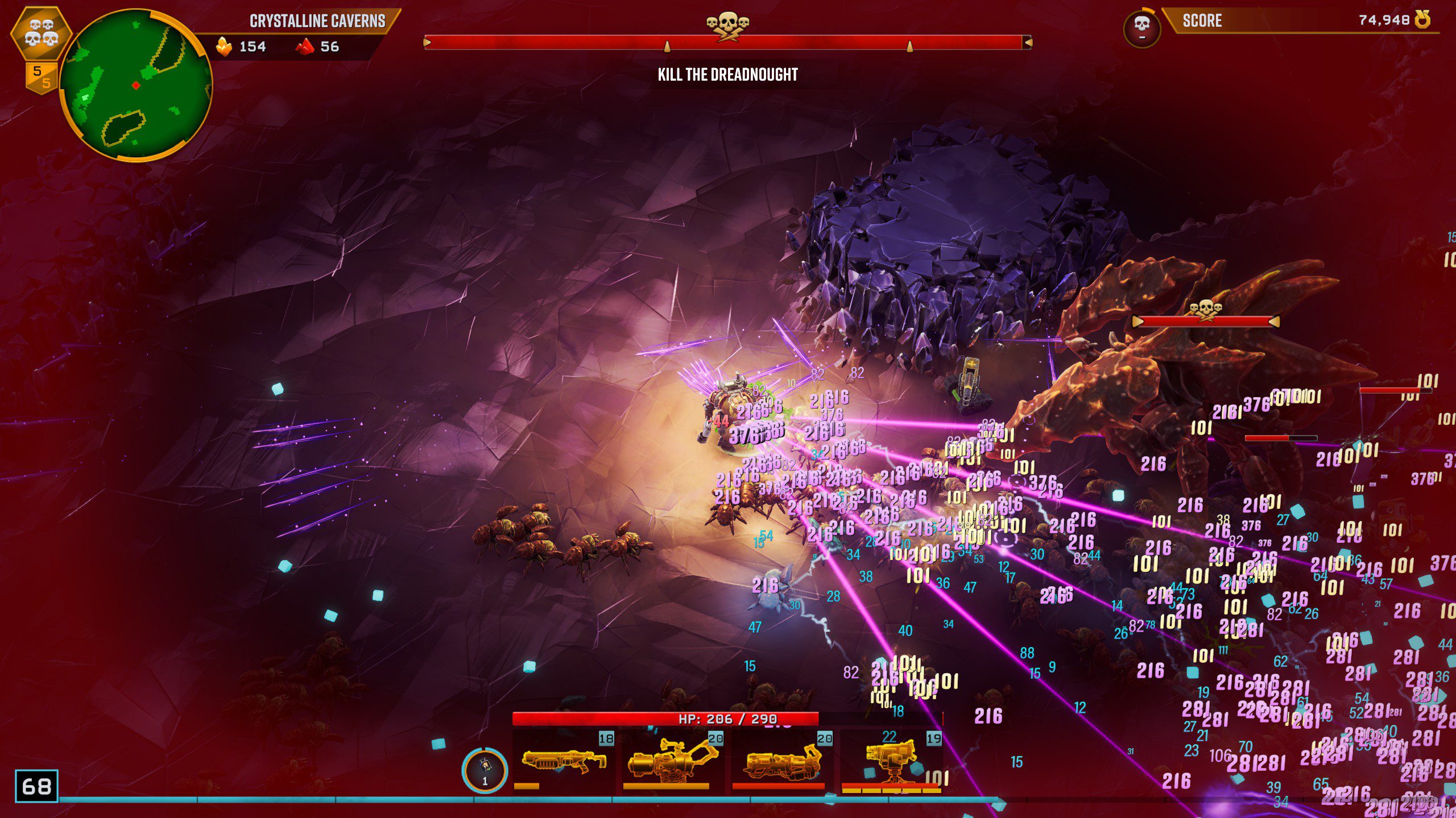 Deep Rock Galactic: Survivor screenshot showing the large boss and the dwarf shooting at it with plasma weapons.