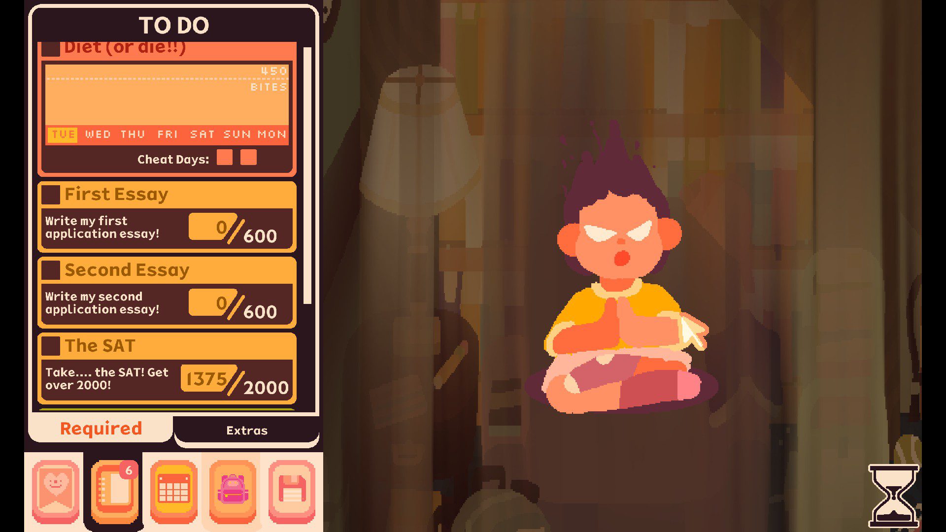 Jenny going into a meditation pose, her pupils white, her face expression intense. List on the left mentions SATs and essays