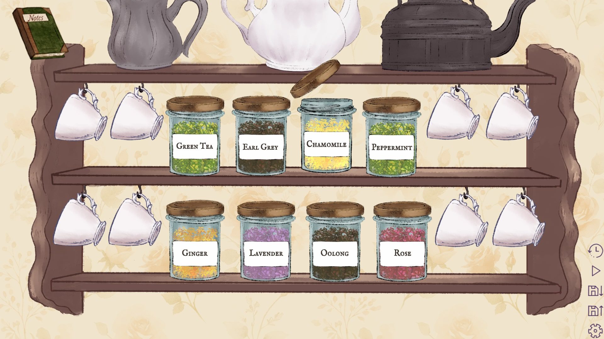 Tea is placed on the shelves in Sips and Sonnets Tea is placed on the shelves in Sips and Sonnets