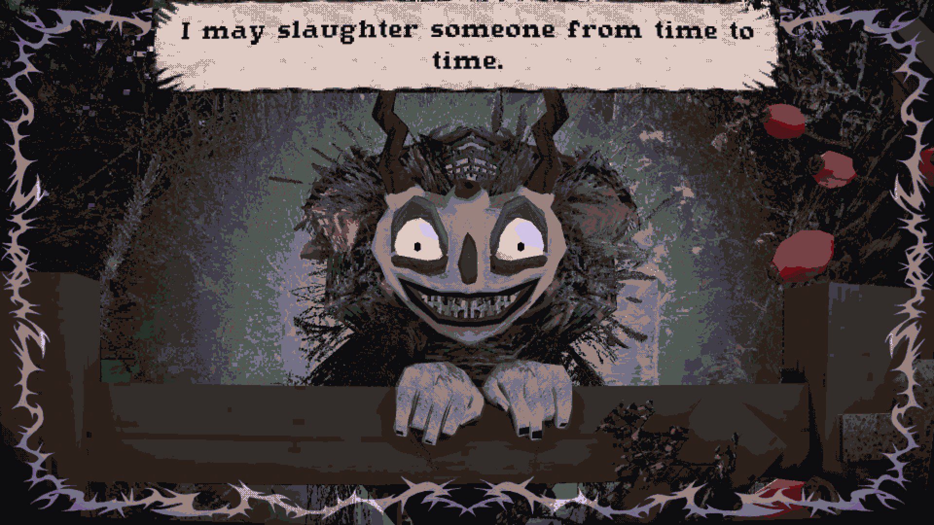 A scary looking, smiling owl says it slaughters things from time to time