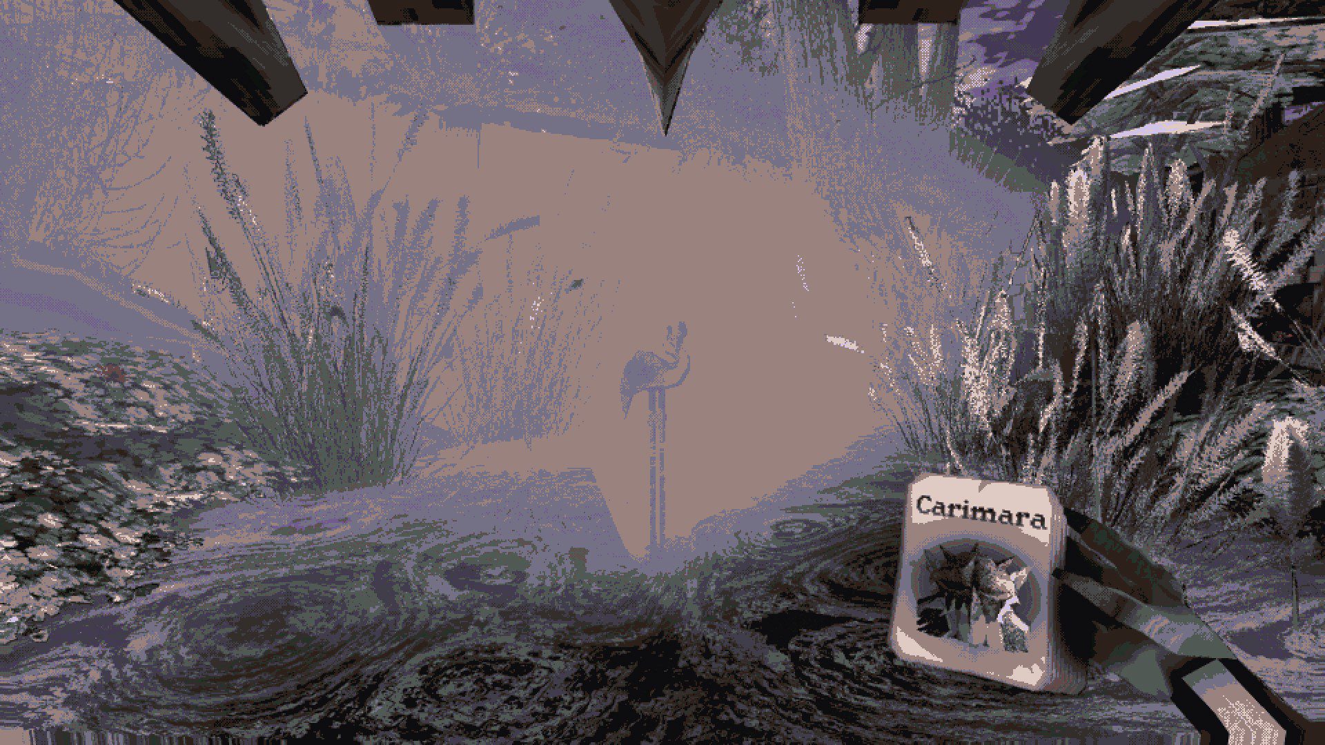 An ethereal-looking crane looking directly at the player
