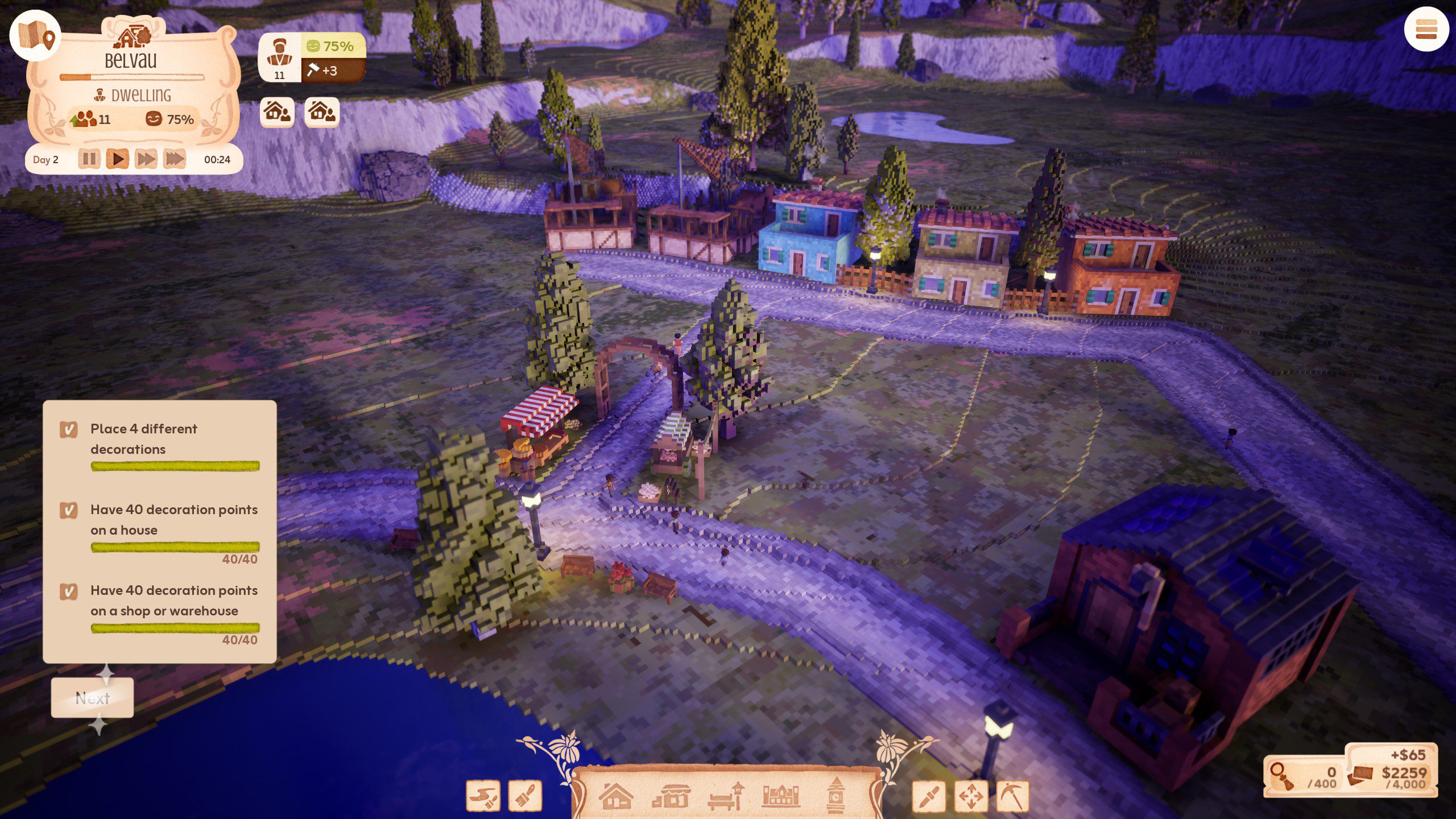 Town to City Screenshot showing a row of suburban houses and a couple of food stalls.
