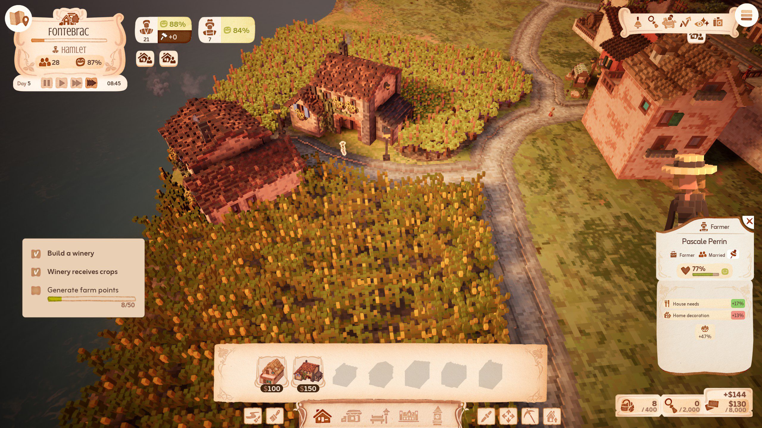 Town to City screenshot of a couple of farm houses and fields.
