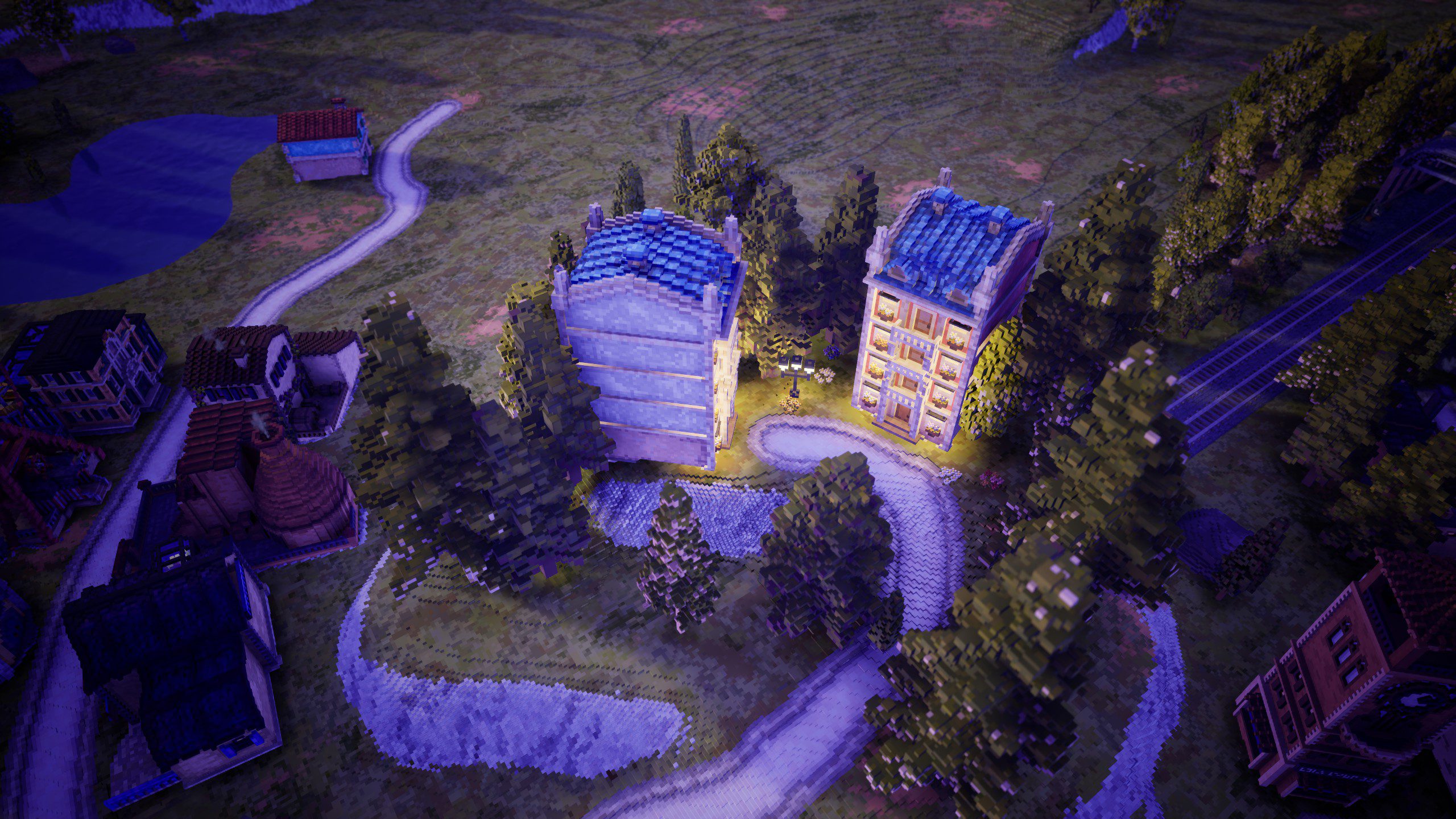 Town to City screenshot of two fancy buildings on top of a cliff.