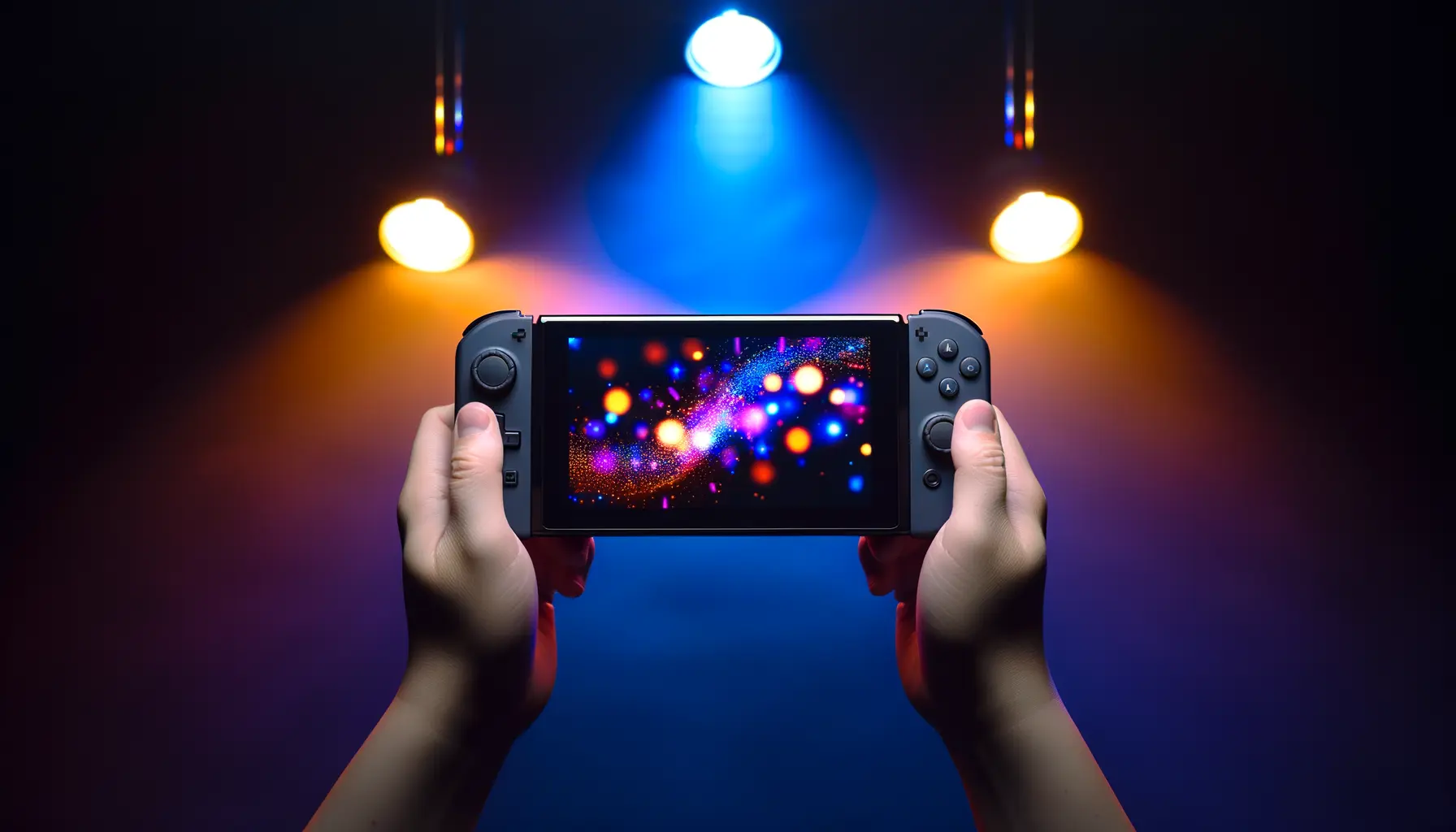 Nintendo Switch 2 console held in hands with vibrant gaming energy effects swirling around it