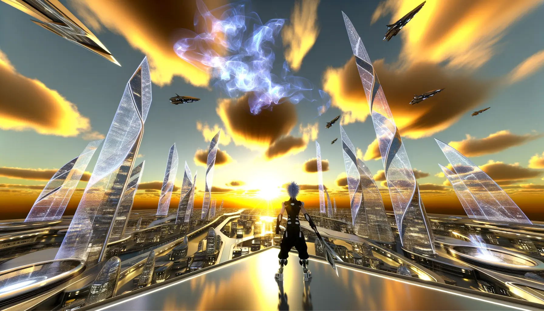 Futuristic West City skyline from Dragon Ball Xenoverse 3 with Saiyan warrior silhouette at sunset