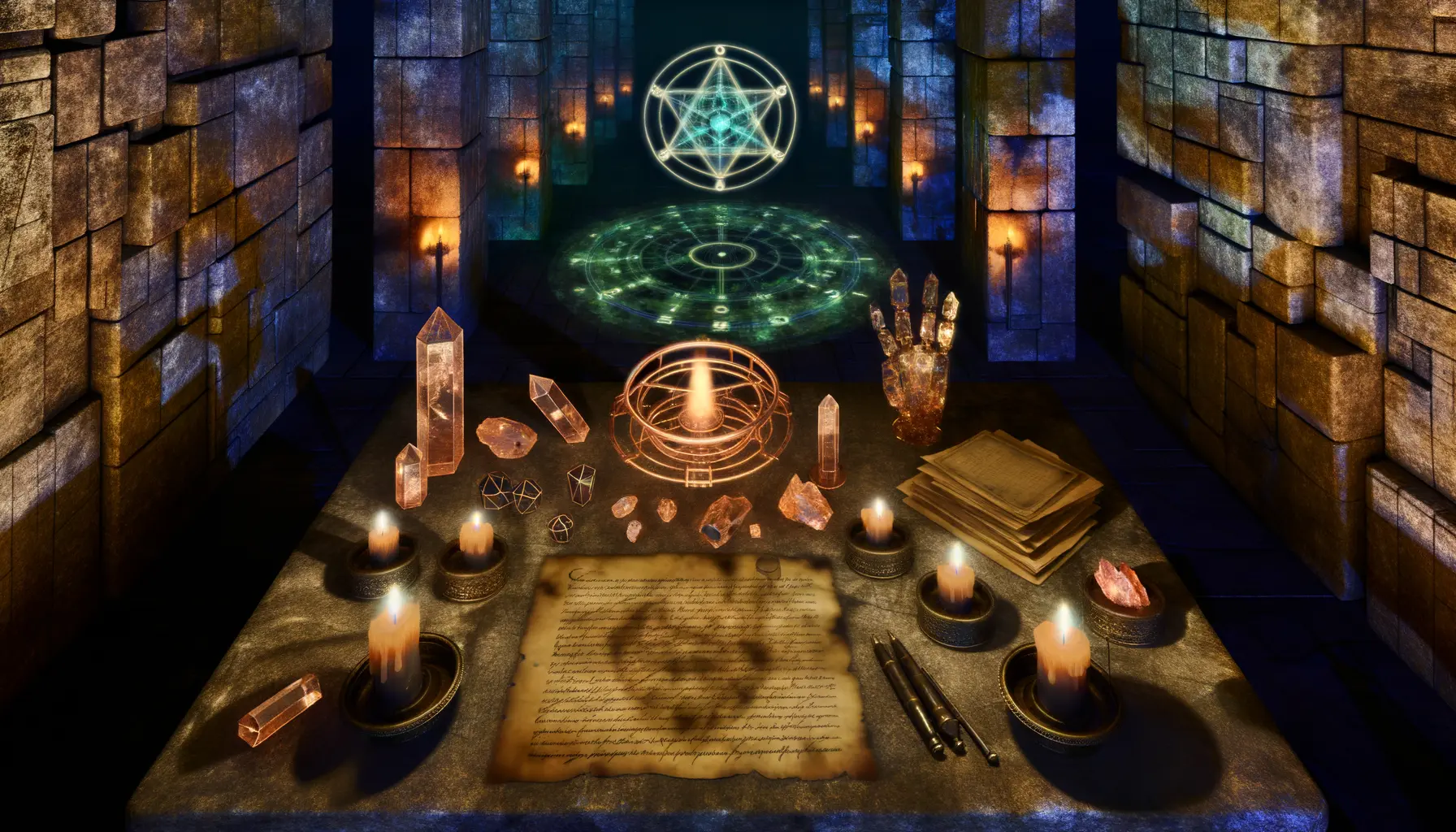 Investigation table with glowing corruption meter in Lovecraftian chamber with impossible architecture