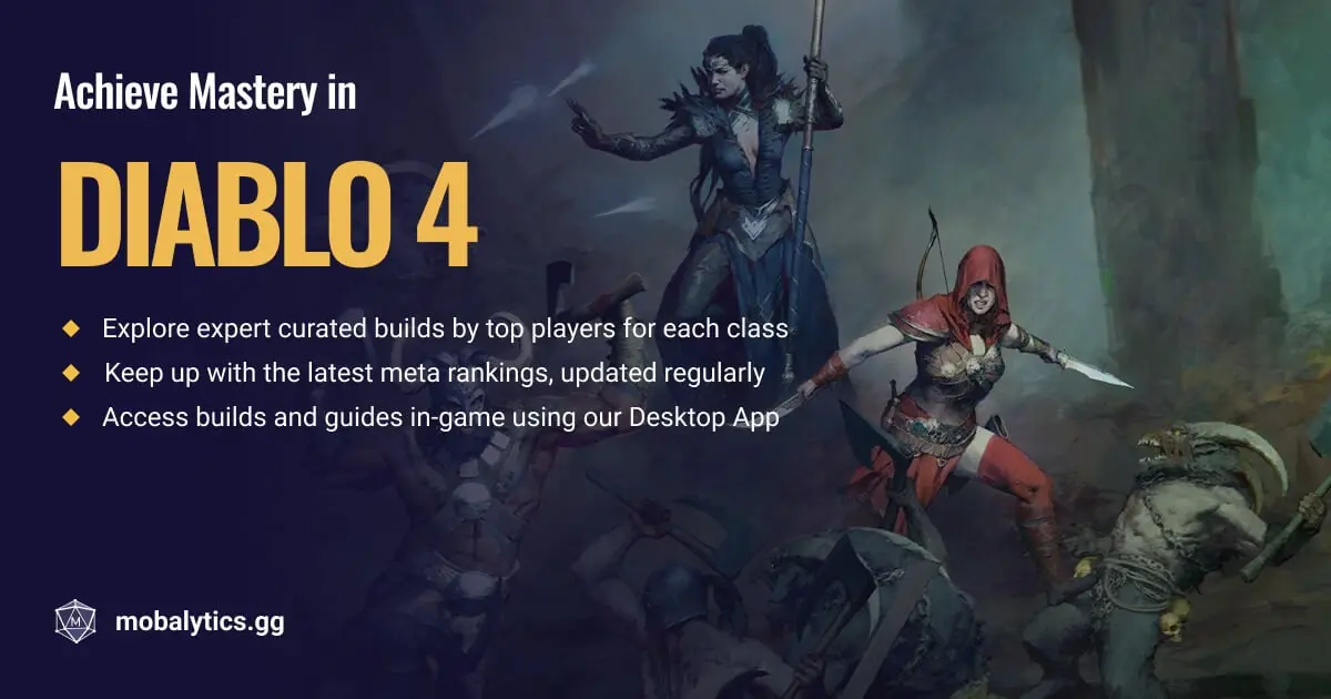 An illustration from Diablo 4 showing characters battling in a dark fantasy setting.