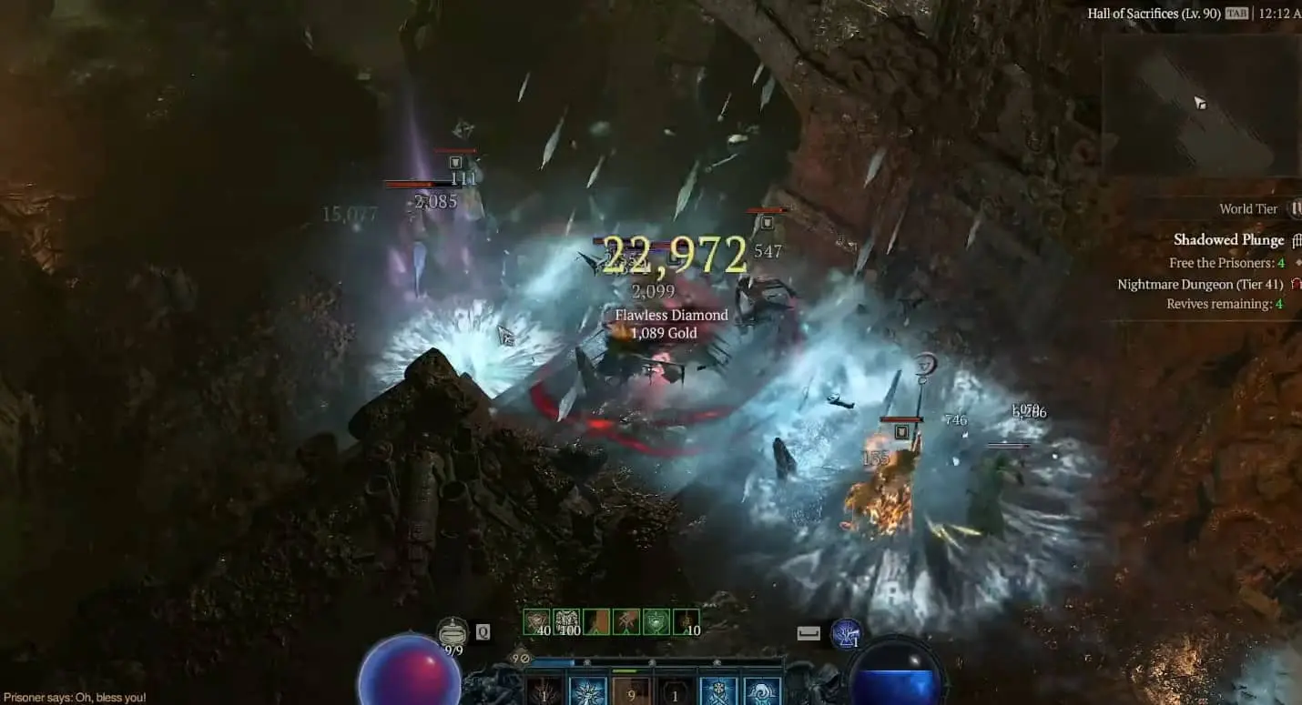 Diablo 4 gameplay showing Sorcerer casting Blizzard spell against enemies.