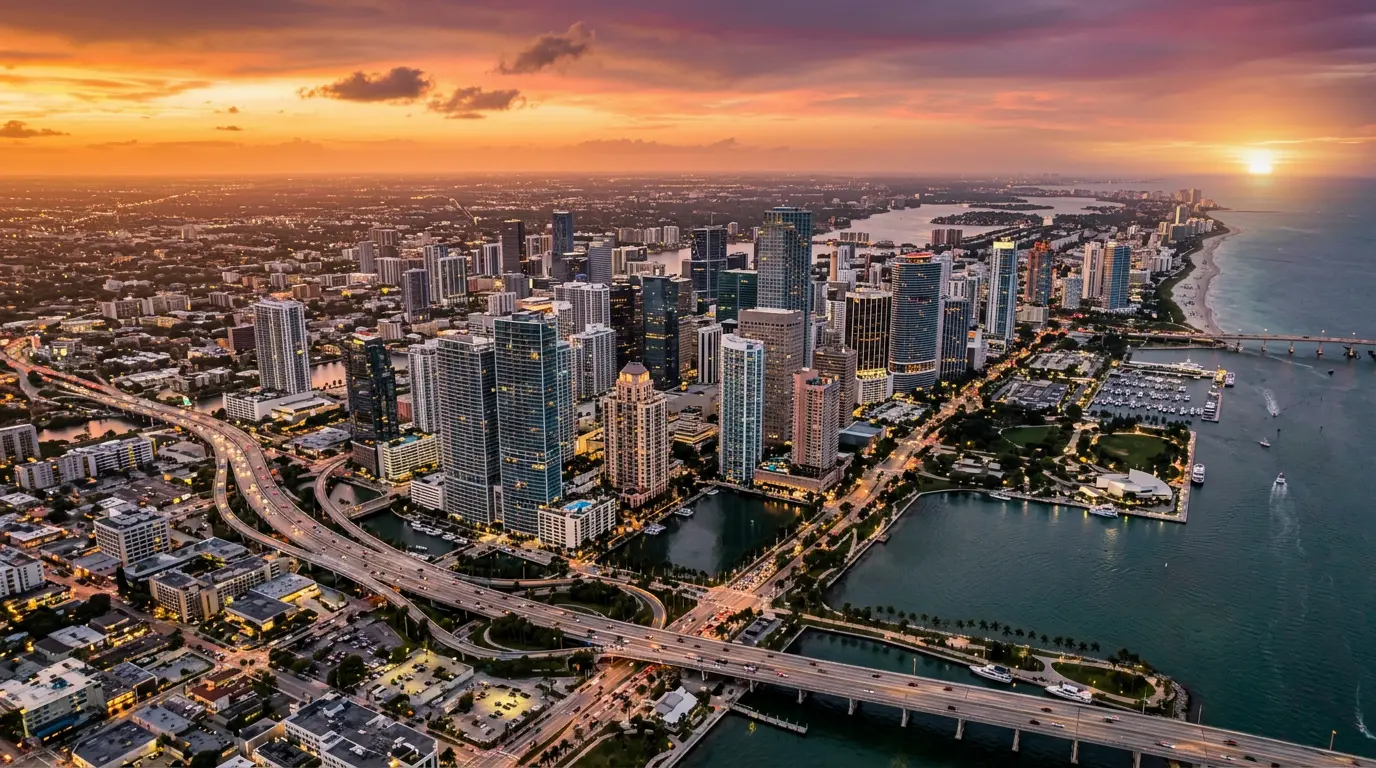 Expansive cityscape at sunset showing massive urban sprawl with skyscrapers and coastal waterfront