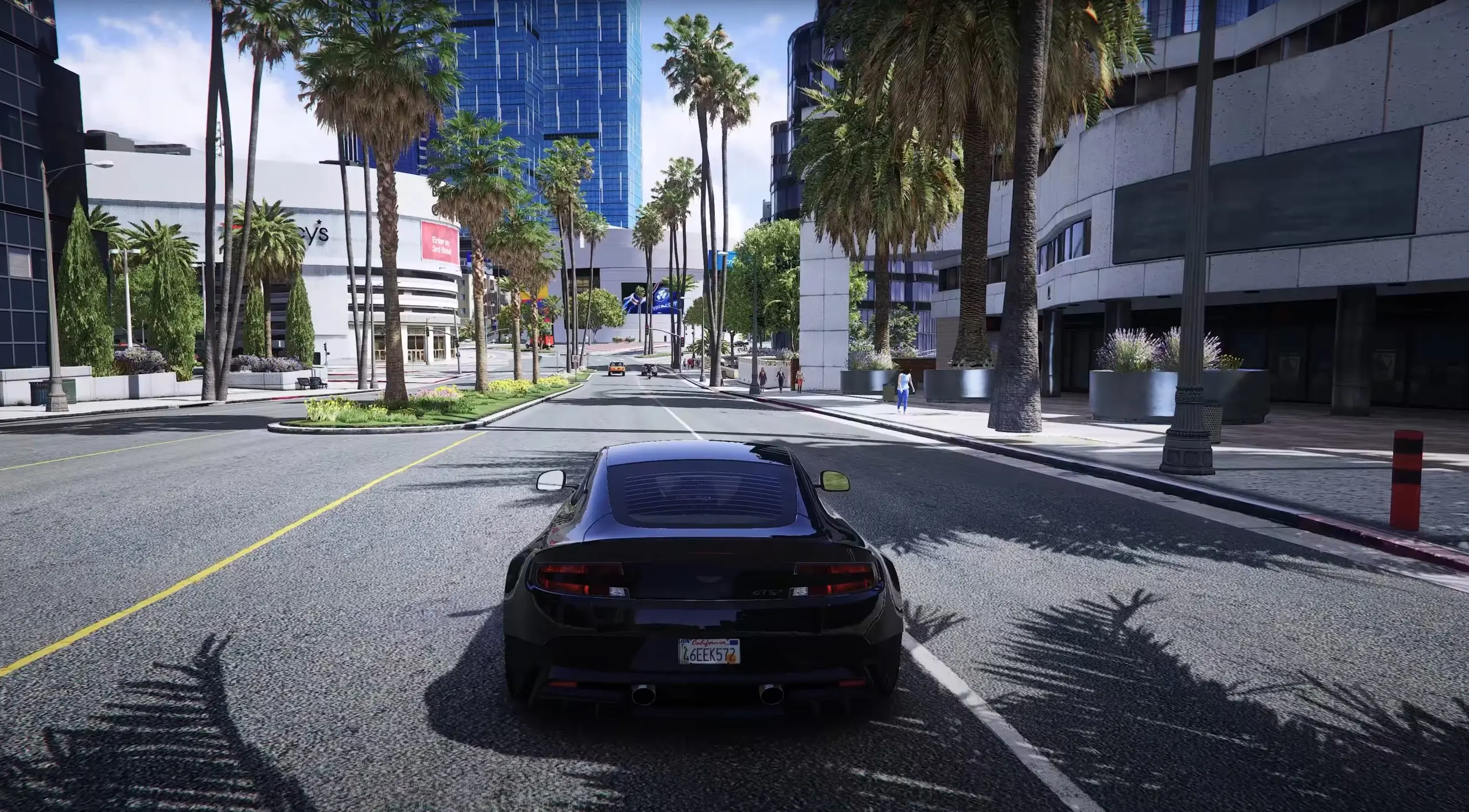 High-quality screenshot of a black sports car on a palm-lined street in Vice City.