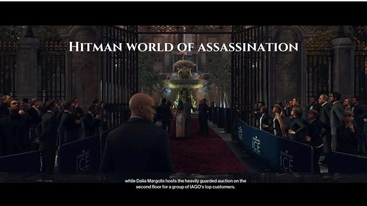 Scene from Hitman World of Assassination featuring Agent 47 at an auction.