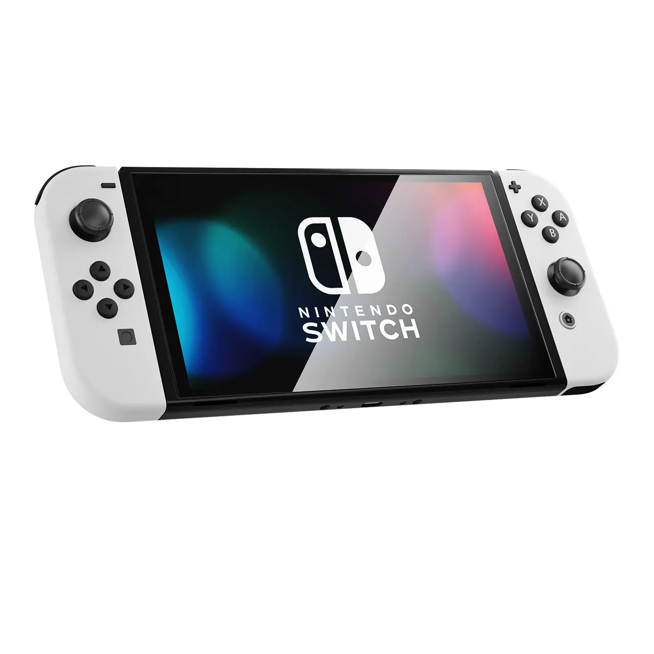 Nintendo Switch OLED console with colorful background and logo.