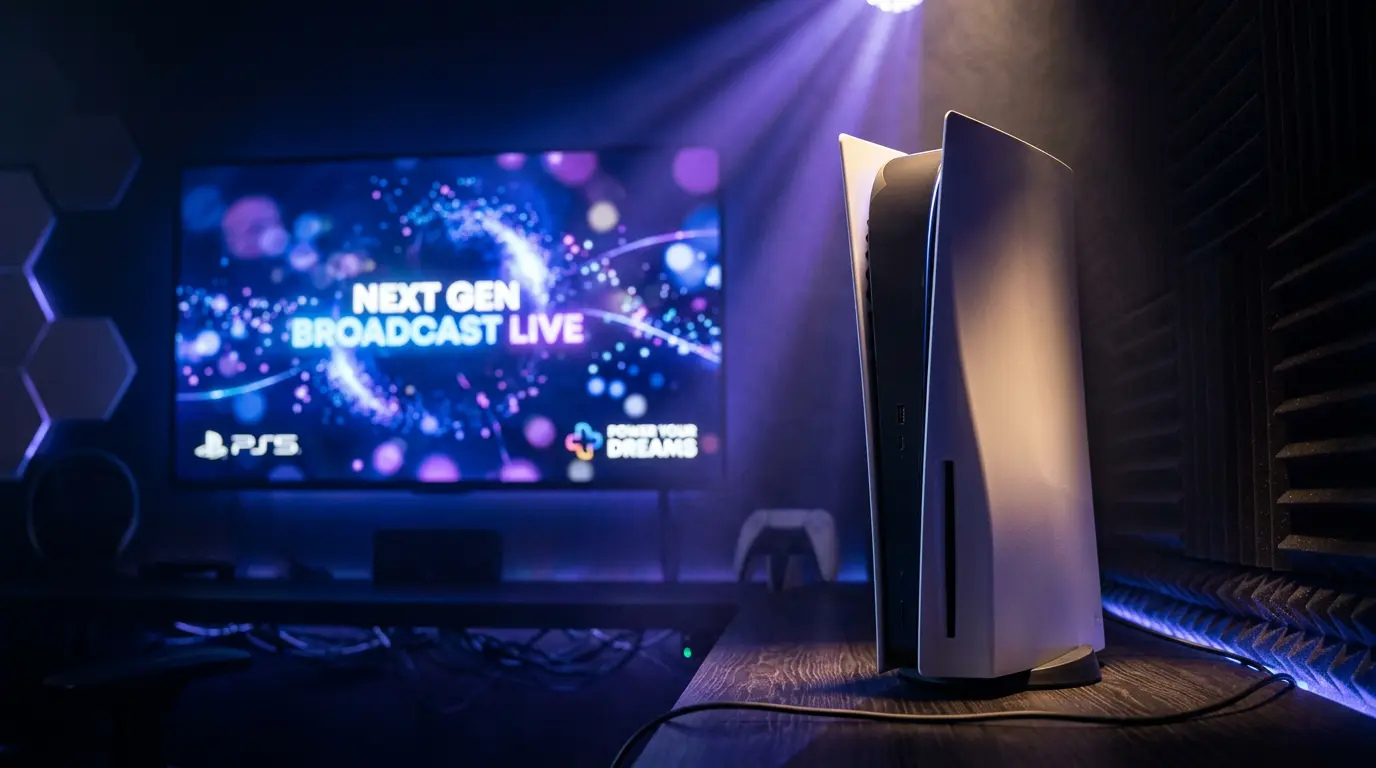 PlayStation 5 console illuminated in moody blue lighting suggesting a State of Play streaming event
