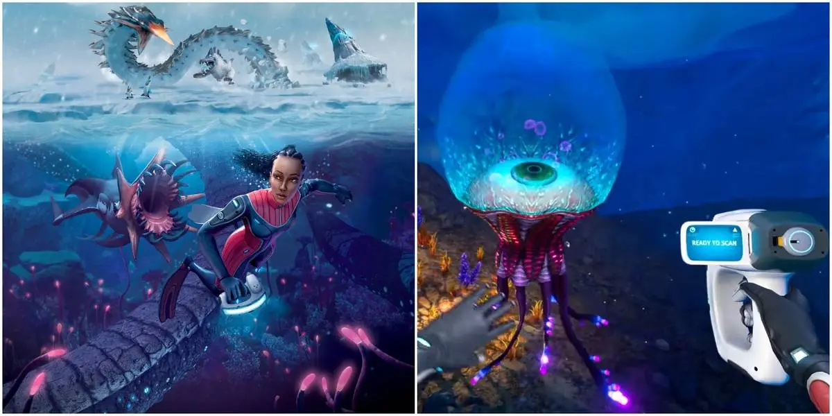 Underwater scene from Subnautica 2 featuring a diver and alien flora.