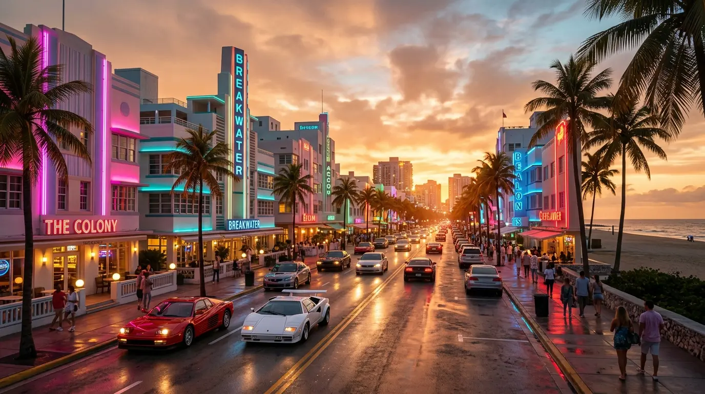 Vice City's neon-lit beachfront boulevard at sunset with palm trees and luxury cars in GTA 6