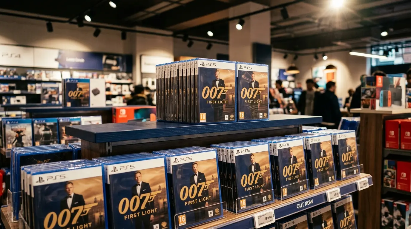 007 First Light game boxes displayed prominently in UK retail store showcasing launch success