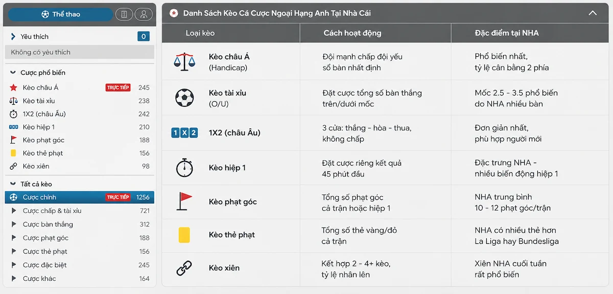 Danh Sách Kèo Cá Cược Ngoại Hạng Anh Tại Nhà Cái (2)