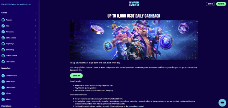 Hyper Lucky - top VPN casino site for no wagering cashback