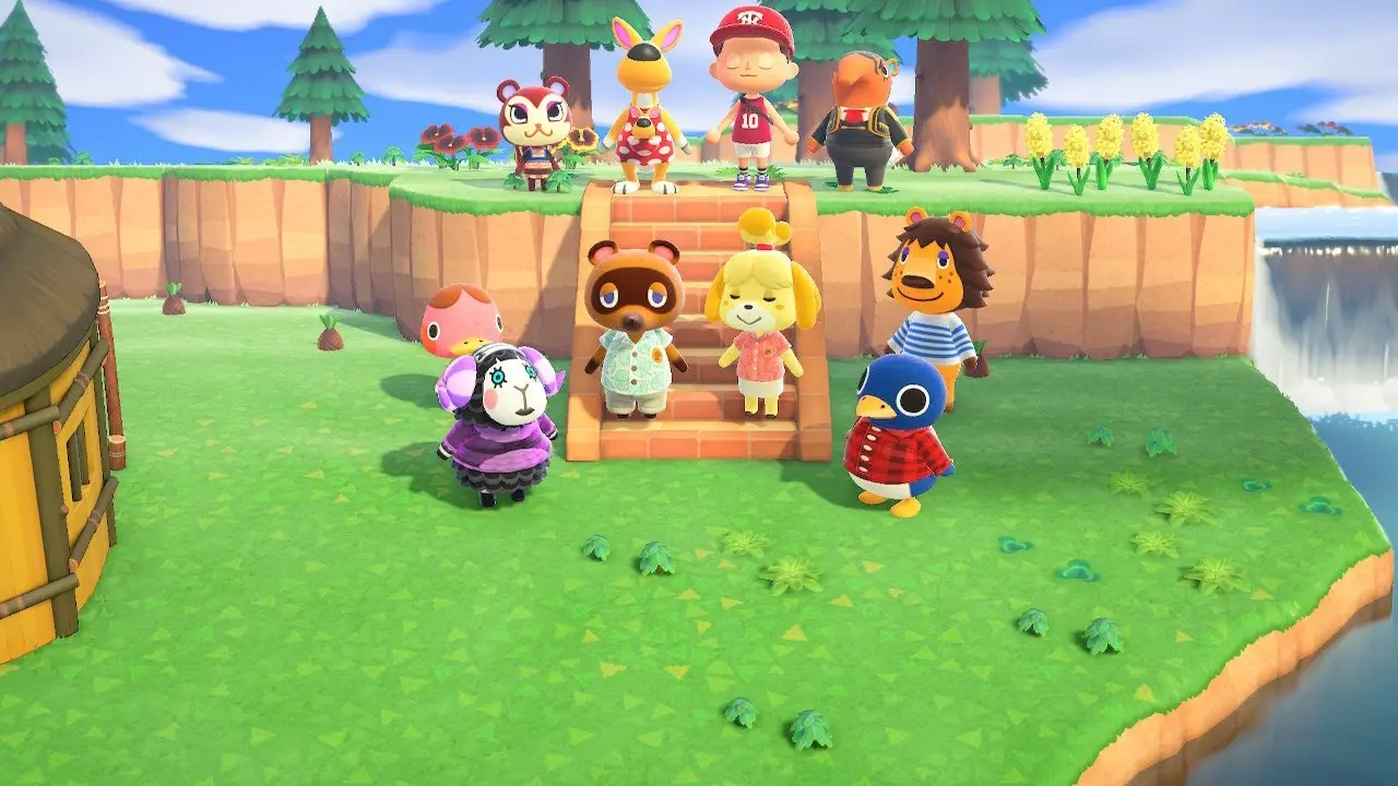 Characters from Animal Crossing: New Horizons standing on an island.