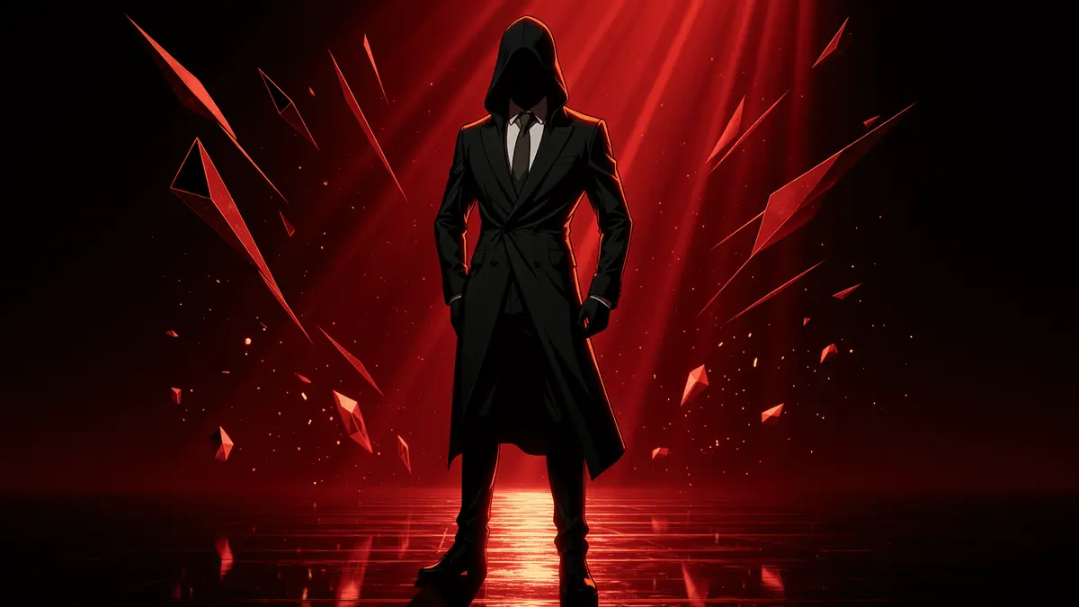 Stylized phantom thief silhouette against dramatic red and black backdrop with cinematic lighting