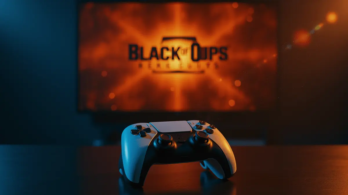 PS5 controller with cinematic blue and orange lighting evoking Call of Duty Black Ops atmosphere