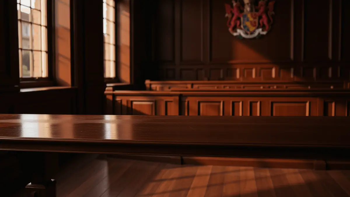 Empty Glasgow tribunal courtroom with judge's bench and dramatic window lighting