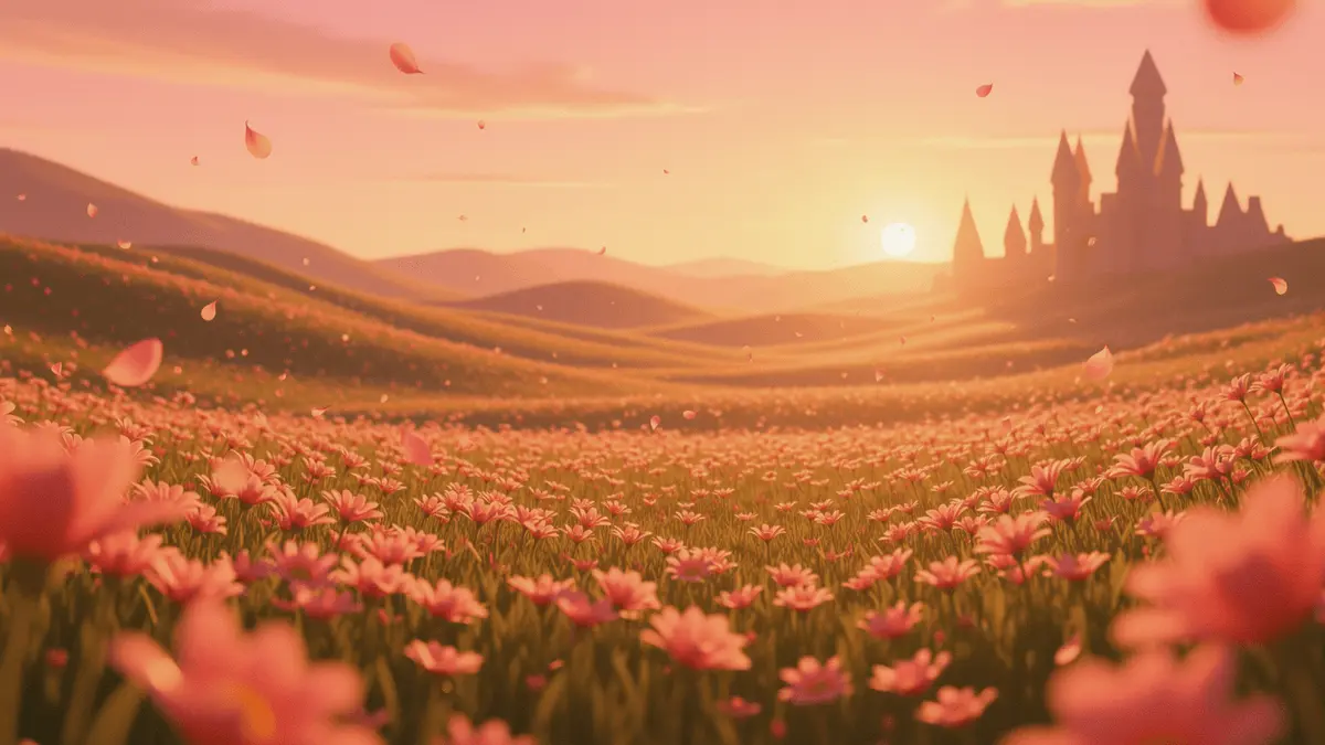 Dreamy field of pink and gold flowers under ethereal sky representing Deltarune Chapter 5