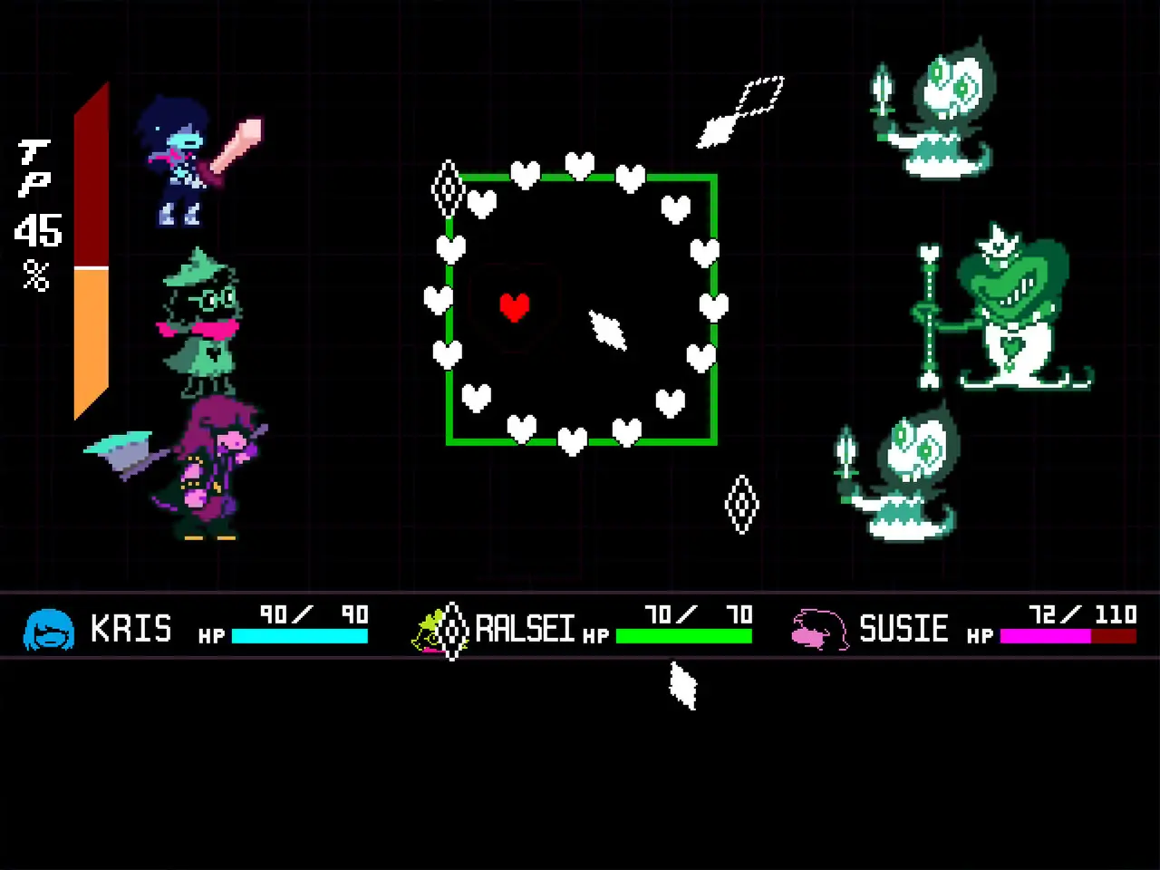 Deltarune gameplay screenshot featuring characters Kris, Ralsei, and Susie in battle.