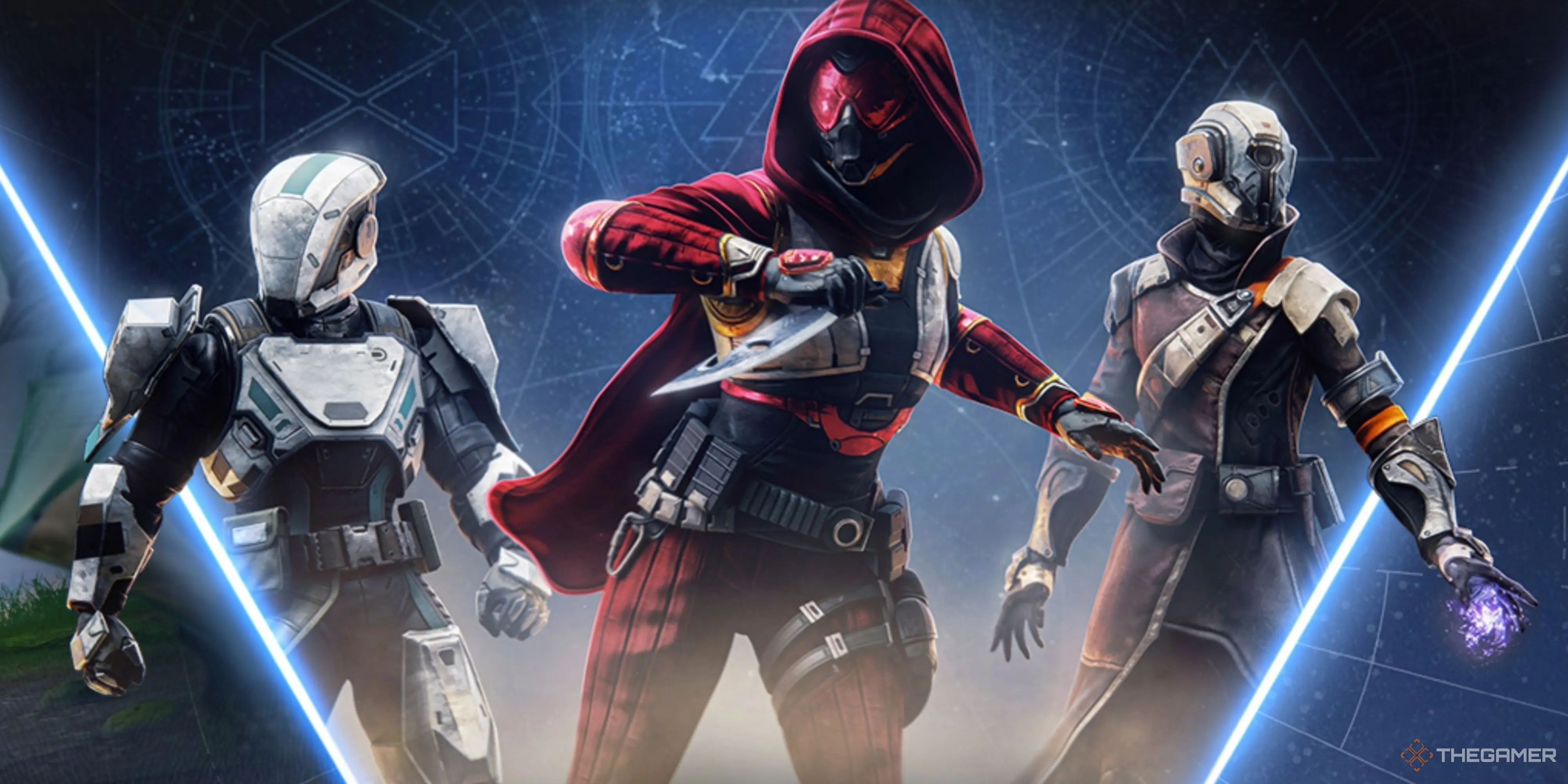 Three armored characters from Destiny 2, poised in a dramatic pose with weapons.