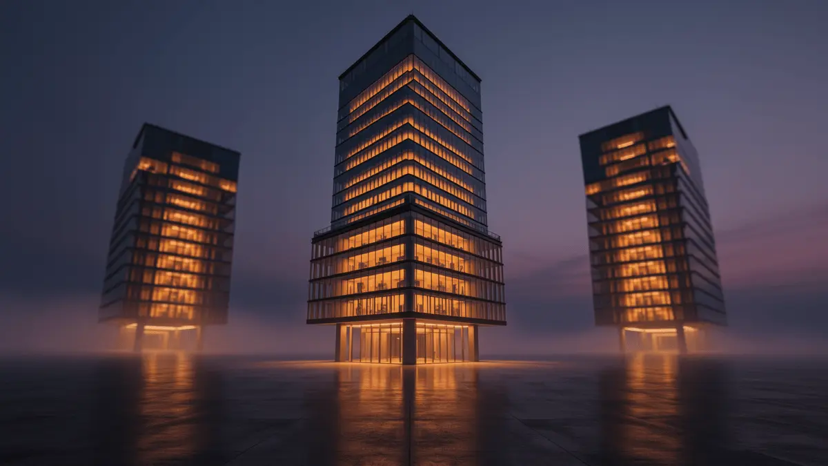 Three illuminated office buildings at twilight symbolizing game studios facing uncertain future