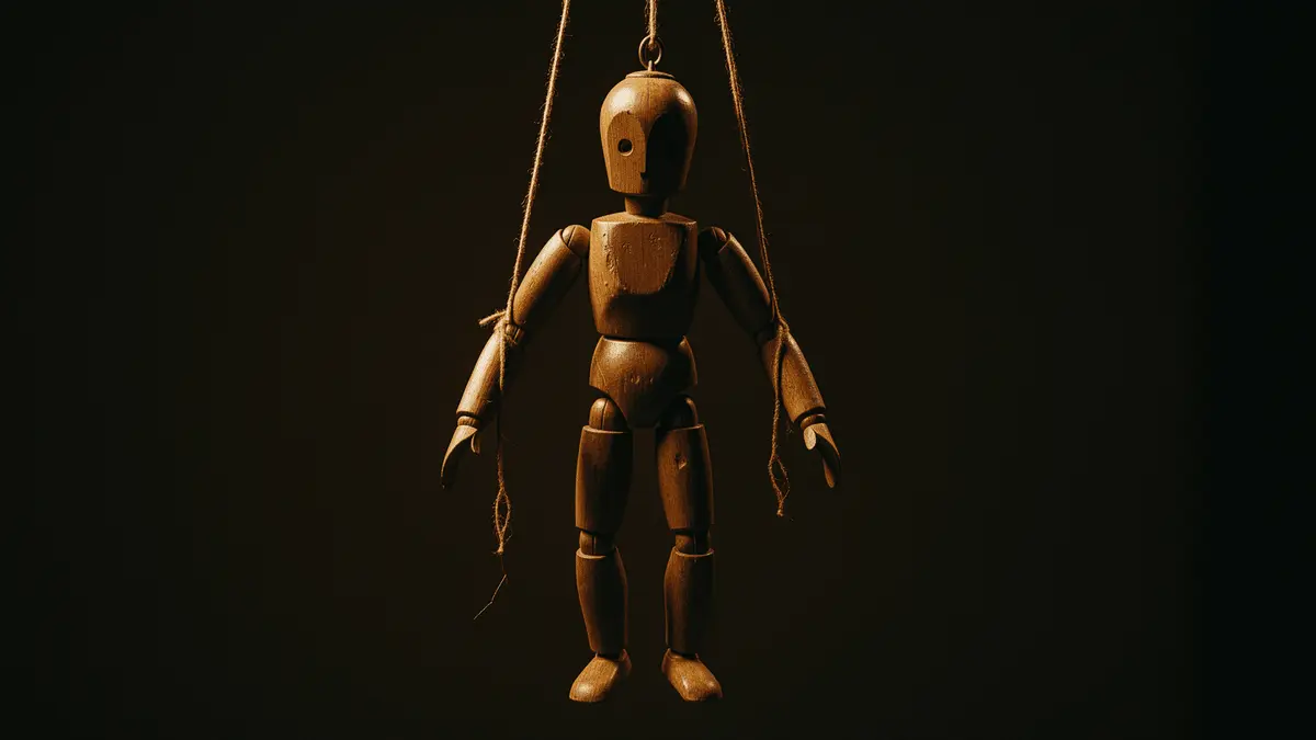 Wooden puppet with fraying strings in dramatic lighting symbolizing studio independence and uncertainty