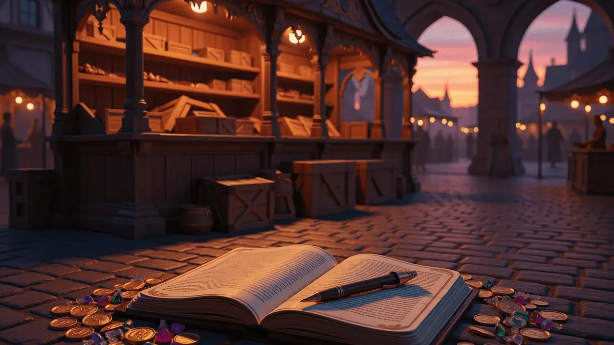 Medieval fantasy marketplace at dusk with merchant stall being cleared, symbolizing commercial changes